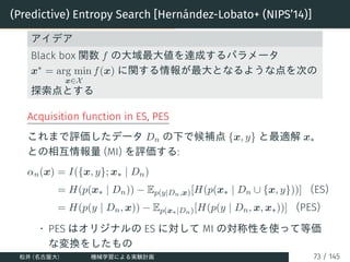 (Predictive) Entropy Search [Hernández-Lobato+ (NIPS’14)]
アイデア
Black box 関数 f の大域最大値を達成するパラメータ
x∗ = arg min
x∈X
f(x) に関する情...