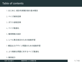 Table of contents
1. はじめに: 統計的実験計画の基本概念
2. ベイズ線形回帰
3. ガウス過程回帰
4. ベイズ最適化
5. 獲得関数の設計
6. レベル集合推定のための能動学習
7. 構造出力デザイン問題のための能動学...