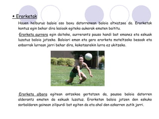  Erorketak
  Hauen helburua baloia oso baxu datorrenean baloia altxatzea da. Erorketak
  kontuz egin behar dira lesioak egiteko aukerak ematen baititu.
  ·Erorketa aurrera egin daiteke, aurrerantz pauso handi bat emanez eta eskuak
  luzatuz baloia jotzeko. Baloiari eman eta gero erorketa moteltzeko besoak eta
  enborrak lurrean jarri behar dira, kokotsarekin lurra ez ukitzeko.




  ·Erorketa albora egitean antzekoa gertatzen da, pausoa baloia datorren
  alderantz ematen da eskuak luzatuz. Erorketan baloia jotzen den eskuko
  sorbaldaren gainean zilipurdi bat egiten da eta ahal den azkarren zutik jarri.
 