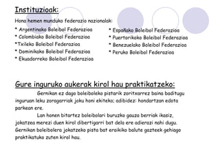 Instituzioak:
Hona hemen munduko federazio nazionalak:
* Argentinako Boleibol Federazioa        * Españako Boleibol Federazioa
* Colombiako Boleibol Federazioa         * Puertorikoko Boleibol Federazioa
*Txileko Boleibol Federazioa             * Benezuelako Boleibol Federazioa
* Dominikako Boleibol Federazioa         * Peruko Boleibol Federazioa
* Ekuadorreko Boleibol Federazioa




Gure inguruko aukerak kirol hau praktikatzeko:
         Gernikan ez dago boleiboleko pistarik zoritxarrez baina baditugu
inguruan leku zoragarriak joku honi ekiteko; adibidez: hondartzan edota
parkean ere.
         Lan honen bitartez boleibolari buruzko gauza berriak ikasiz,
jokatzea merezi duen kirol dibertigarri bat dela ere adierazi nahi dugu.
Gernikan boleibolera jokatzeko pista bat eraikiko balute gazteek gehiago
praktikatuko zuten kirol hau.
 