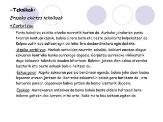 -Teknikak:
Erasoko ekintza teknikoak
Zerbitzua
  Puntu bakoitza zelaiko atzeko marratik hasten da. Aurkako jokalarien puntu
  txarrak kontuan izanik, baloia airera bota eta beste zelairantz kolpekatzen da.
  Kolpea zutik edo saltoan egin daiteke. Era desberdinetara egin daiteke:
  ·Azpiko zerbitzua: Hankak sorbalden neurrira zabaldu, baloiari ematen diogun
  eskuaren kontrako hanka aurrerago dagoela. Gorputza aurreraka inklinaturik
  dago belaunak tolestuta dauden bitartean. Baloiari jotzen dion eskua atzeraka
  luzaturik eta beste eskuak baloia heltzen du.
  ·Eskua goian: Azpiko sakearen posizio berdinean egonda, baloia joko duen besoa
  lepoaren atzean jartzen da. Kontrako eskuarekin baloia gora botatzen da , eta
  buruaren parean dagoenean baloia jotzen da besoa luzaturik dagoela.
  ·Esekian:   Aurrekoaren antzekoa da baina baloia beste aldera heltzean bere
  indarra galtzen doa lurrera iritsi arte. Sake mota hau saltoan egiten da.
 