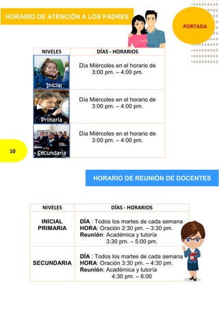 NIVELES DÍAS - HORARIOS
Día Miércoles en el horario de
3:00 pm. – 4:00 pm.
Día Miércoles en el horario de
3:00 pm. – 4:00 pm.
Día Miércoles en el horario de
3:00 pm. – 4:00 pm.
NIVELES DÍAS - HORARIOS
INICIAL
PRIMARIA
DÍA : Todos los martes de cada semana
HORA: Oración 2:30 pm. – 3:30 pm.
Reunión: Académica y tutoría
3:30 pm. – 5:00 pm.
SECUNDARIA
DÍA : Todos los martes de cada semana
HORA: Oración 3:30 pm. – 4:30 pm.
Reunión: Académica y tutoría
4:30 pm. – 6:00
HORARIO DE ATENCIÓN A LOS PADRES
10
PORTADA
Inicial
Primaria
Secundaria
HORARIO DE REUNIÓN DE DOCENTES
 