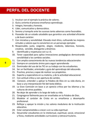 1. Inculcar con el ejemplo la práctica de valores.
2. Guía y orienta el proceso enseñanza-aprendizaje.
3. Integro, honrado y honesto.
4. Líder, comunicativo y democrático.
5. Sereno y tranquilo ante los sucesos tanto adversos como favorables.
6. Poseedor de un estado saludable que garantice una actividad eficiente
y de buen carácter.
7. Con iniciativa y sensibilidad. Elevado nivel ético, cultivando las mejores
virtudes y valores que lo convierten en un personaje ejemplar.
8. Responsable, justo, exigente, alegre, modesto, laborioso, honesto,
creativo, sensible, dialogante y dinámico.
9. Identificado y respetuoso con su I.E.
10. Tener capacidad para aplica innovaciones pedagógicas demostrando
sensibilidad a los cambios sociales.
11. Con amplio conocimiento de las nuevas tendencias educacionales
12. Siempre en constante ánimo para seguir aprendiendo
13. Dominador del uso de las TIC en su trabajo con los estudiantes.
14. Ser un facilitador, orientador y guía del aprendizaje del educando.
15. Practico, preciso y capaz de realizar sus propósitos.
16. Experto y especialista en su materia, y de la actividad educacional.
17. Con actitud crítica y con apertura de cambio.
18. Conocer, entender y aplicar la Palabra de Dios en su vida diaria, en
base a una interpretación fiel del texto bíblico.
19. La Gran Comisión en base a un aprecio crítico por los idiomas y las
culturas de otros pueblos.
20. No dejar de aprender a lo largo de toda su vida.
21. Congregarse fielmente para ser enseñados en la Palabra de Dios.
22. Modelar el carácter de Cristo en su enseñanza y desempeño
profesional.
23. Reflejar y apoyar la misión y los valores medulares de la Institución
educativa.
24. Estar comprometidos a crecer a en su vida espiritual.
25. Desarrollar estudiantes en lo intelectual, espiritual, social, emocional
y físico, mediante actividades curriculares y extracurriculares.
PERFIL DEL DOCENTE
6
 
