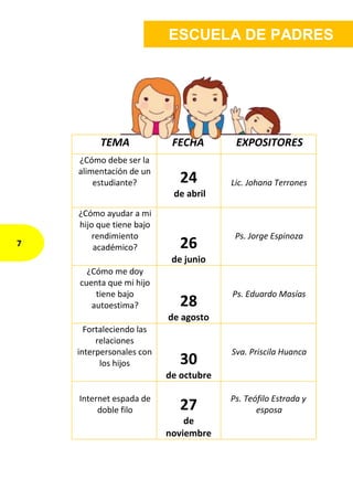 TEMA FECHA EXPOSITORES
¿Cómo debe ser la
alimentación de un
estudiante? 24
de abril
Lic. Johana Terrones
¿Cómo ayudar a mi
hijo que tiene bajo
rendimiento
académico? 26
de junio
Ps. Jorge Espinoza
¿Cómo me doy
cuenta que mi hijo
tiene bajo
autoestima? 28
de agosto
Ps. Eduardo Masías
Fortaleciendo las
relaciones
interpersonales con
los hijos 30
de octubre
Sva. Priscila Huanca
Internet espada de
doble filo 27
de
noviembre
Ps. Teófilo Estrada y
esposa
ESCUELA DE PADRES
7
 
