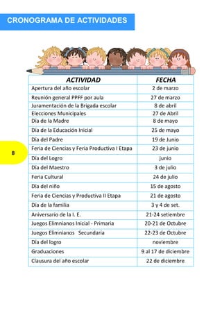 ACTIVIDAD FECHA
Apertura del año escolar 2 de marzo
Reunión general PPFF por aula 27 de marzo
Juramentación de la Brigada escolar 8 de abril
Elecciones Municipales 27 de Abril
Día de la Madre 8 de mayo
Día de la Educación Inicial 25 de mayo
Día del Padre 19 de Junio
Feria de Ciencias y Feria Productiva I Etapa 23 de junio
Día del Logro junio
Día del Maestro 3 de julio
Feria Cultural 24 de julio
Día del niño 15 de agosto
Feria de Ciencias y Productiva II Etapa 21 de agosto
Día de la familia 3 y 4 de set.
Aniversario de la I. E. 21-24 setiembre
Juegos Elimnianos Inicial - Primaria 20-21 de Octubre
Juegos Elimnianos Secundaria 22-23 de Octubre
Día del logro noviembre
Graduaciones 9 al 17 de diciembre
Clausura del año escolar 22 de diciembre
CRONOGRAMA DE ACTIVIDADES
8
 
