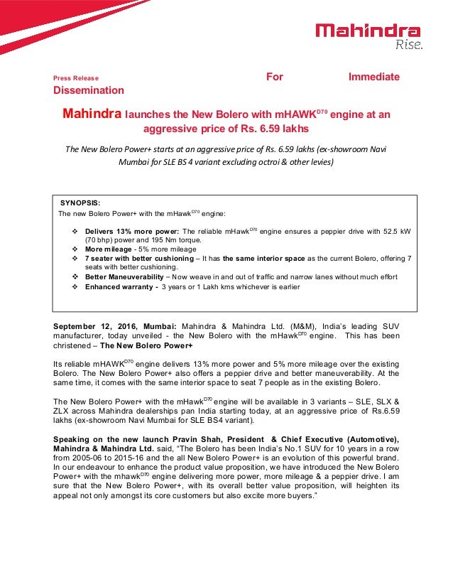 Mahindra Bolero Power Press Release