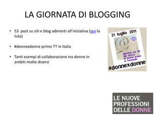LA GIORNATA DI BLOGGING
• 53 post su siti e blog aderenti all’iniziativa (qui la
  lista)

• #donnexdonne primo TT in Italia

• Tanti esempi di collaborazione tra donne in
  ambiti molto diversi
 