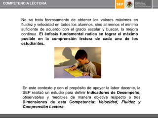 COMPETENCIA LECTORA



        No se trata forzosamente de obtener los valores máximos en
        fluidez y velocidad en todos los alumnos, sino al menos el mínimo
        suficiente de acuerdo con el grado escolar y buscar, la mejora
        continua. El énfasis fundamental radica en lograr el máximo
        posible en la comprensión lectora de cada uno de los
        estudiantes.




        En este contexto y con el propósito de apoyar la labor docente, la
        SEP realizó un estudio para definir Indicadores de Desempeño,
        observables y medibles de manera objetiva respecto a tres
        Dimensiones de esta Competencia: Velocidad, Fluidez y
        Comprensión Lectora.
 