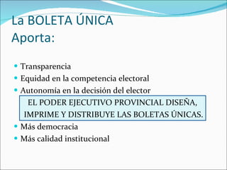 La BOLETA ÚNICA  Aporta: <ul><li>Transparencia </li></ul><ul><li>Equidad en la competencia electoral </li></ul><ul><li>Aut...