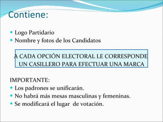 Contiene: <ul><li>Logo Partidario </li></ul><ul><li>Nombre y fotos de los Candidatos </li></ul><ul><li>A CADA OPCIÓN ELECT...