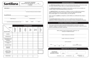 EDUCACIÓN PRIMARIA                                                                               OBSERVACIONES GENERALES
                                                       BOLETA DE EVALUACIÓN 20                   • 20
                                                                  1º GRADO                                                las caliﬁcaciones parciales se asignan en cinco momentos del año lectivo: al ﬁnal de los meses
                                                                                                                          de octubre, diciembre, febrero, abril y en la última quincena del año escolar.

ESCUELA:                                                                                                                  Las caliﬁcaciones parciales que se registran en esta boleta van del 5 al 10 y se anotan con
                                                                                                                          números, según el aprovechamiento de(de la) alumno(a).

                                                                  CLAVE SEGÚN CATÁLOGO DE CENTROS DE TRABAJO              La caliﬁcación ﬁnal de cada asignatura, se obtiene al sumar las caliﬁcaciones parciales y
                                                                                                                          dividir el resultado entre cinco, por ser éste el número de caliﬁcaciones parciales.
                                                                                                                          Ésta se debe registrar con un número entero y una cifra decimal.
ALUMNO(A):                                                                                                                El(la) alumno(a) aprueba una asignatura cuando obtiene una caliﬁcación ﬁnal, mayor o
                                                            NOMBRE(S)
                                                                                                                          igual a 6.0

                 PRIMER APELLIDO                                            SEGUNDO APELLIDO
                                                                                                                          El promedio general anual se obtiene al sumar las caliﬁcaciones ﬁnales de todas las
                                                                                                                          asignaturas y dividir el resultado entre seis, por ser éste el número de asignaturas evaluadas.
      CLAVE ÚNICA DE REGISTRO DE POBLACIÓN (CURP)                 GRADO         GRUPO              TURNO

                                                                                                                                                  AL PADRE O MADRE DE FAMILIA O TUTOR(A)

                                                                                                                          Para mayor información sobre el aprovechamientio del(de la) alumno(a) y de cómo
                                                           CALIFICACIONES                                                 ayudarle a mejorar su rendimiento escolar, es conveniente que el padre o madre de familia o
           MESES                                                                                                          tutor(a) se entreviste con el(ella) maestro(a).




                                                                                                           CALIFICACIÓN
                            SEPTIEMBRE




                                           NOVIEMBRE
                                           DICIEMBRE
                             OCTUBRE




                                                            FEBRERO




                                                                            MARZO
                                                             ENERO




                                                                                         MAYO
                                                                            ABRIL




                                                                                                              FINAL
                                                                                         JULIO
                                                                                          JUNI
                                                                                                                                             PARA LLENAR AL FINAL DEL AÑO ESCOLAR O ANTES SI EL (LA)
ASIGNATURAS                                                                                                                                             ALUMNO (A) CAMBIA DE ESCUELA


     ESPAÑOL
                                                                                                                                                             NOMBRE Y FIRMA DEL(DE LA) MESATRO(A)

  MATEMÁTICAS

EXPLORACIÓN DE LA                                                                                                                                            NOMBRE Y FIRMA DEL(DE LA) DIRECTOR(A)
 NATURALEZA Y LA
    SOCIEDAD
                                                                                                                                                                      lUGAR DE EXPEDICIÓN
 FORMACIÓN CÍVICA
     Y ÉTICA

                                                                                                                            FECHA                                                                       SELLO
 EDUCACIÓN FÍSICA                                                                                                                                                                            SISTEMA EDUCATIVO NACIONAL
                                                                                                                                       AÑO        MES           DIA

    EDUCACIÓN
     ARTÍSTICA



   ASIGNATURA
 ESTATAL: LENGUA                                                                                                              PROMEDIO
    ADICIONAL
                                                                                                                            GENERAL ANUAL                    NÚMERO                                  LETRA


                                                                                                                                                                                                          PROMOVIDO CON
   INASISTENCIAS                                                                                                                              PROMOVIDO(A)                NO PROMOVIDO(A)                    CONDICIONES
 