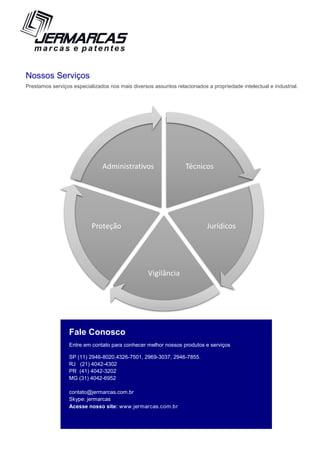 Fale Conosco
Entre em contato para conhecer melhor nossos produtos e serviços
SP (11) 2946-8020,4326-7501, 2969-3037, 2946-7855.
RJ (21) 4042-4302
PR (41) 4042-3202
MG (31) 4042-6952
contato@jermarcas.com.br
Skype: jermarcas
Acesse nosso site: www.jermarcas.com.br
Nossos Serviços
Prestamos serviços especializados nos mais diversos assuntos relacionados a propriedade intelectual e industrial.
 