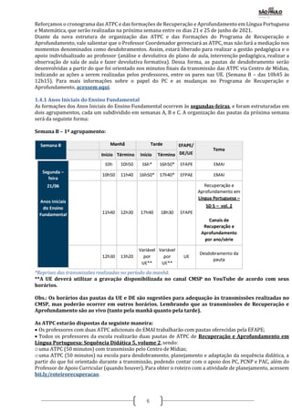 6
Reforçamos o cronograma das ATPC e das formações de Recuperação e Aprofundamento em Língua Portuguesa
e Matemática, que serão realizadas na próxima semana entre os dias 21 e 25 de junho de 2021.
Diante da nova estrutura de organização das ATPC e das Formações do Programa de Recuperação e
Aprofundamento, vale salientar que o Professor Coordenador gerenciará as ATPC, mas não fará a mediação nos
momentos denominados como desdobramentos. Assim, estará liberado para realizar a gestão pedagógica e o
apoio individualizado ao professor (análise e devolutiva do plano de aula, intervenção pedagógica, realizar a
observação de sala de aula e fazer devolutiva formativa). Dessa forma, as pautas de desdobramento serão
desenvolvidas a partir do que foi orientado nos minutos finais da transmissão das ATPC via Centro de Mídias,
indicando as ações a serem realizadas pelos professores, entre os pares nas UE. (Semana B – das 10h45 às
12h15). Para mais informações sobre o papel do PC e as mudanças no Programa de Recuperação e
Aprofundamento, acessem aqui.
1.4.1 Anos Iniciais do Ensino Fundamental
As formações dos Anos Iniciais do Ensino Fundamental ocorrem às segundas-feiras, e foram estruturadas em
dois agrupamentos, cada um subdividido em semanas A, B e C. A organização das pautas da próxima semana
será da seguinte forma:
Semana B – 1º agrupamento:
*Reprises das transmissões realizadas no período da manhã.
**A UE deverá utilizar a gravação disponibilizada no canal CMSP no YouTube de acordo com seus
horários.
Obs.: Os horários das pautas da UE e DE são sugestões para adequação às transmissões realizadas no
CMSP, mas poderão ocorrer em outros horários. Lembrando que as transmissões de Recuperação e
Aprofundamento são ao vivo (tanto pela manhã quanto pela tarde).
As ATPC estarão dispostas da seguinte maneira:
 Os professores com duas ATPC adicionais do EMAI trabalharão com pautas oferecidas pela EFAPE;
 Todos os professores da escola realizarão duas pautas de ATPC de Recuperação e Aprofundamento em
Língua Portuguesa: Sequência Didática 5, volume 2, sendo:
ouma ATPC (50 minutos) com transmissão pelo Centro de Mídias;
ouma ATPC (50 minutos) na escola para desdobramento, planejamento e adaptação da sequência didática, a
partir do que foi orientado durante a transmissão, podendo contar com o apoio dos PC, PCNP e PAC, além do
Professor de Apoio Curricular (quando houver). Para obter o roteiro com a atividade de planejamento, acessem
bit.ly/roteirorecuperacao.
 