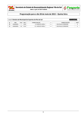 Secretaria de Estado do Desenvolvimento Regional Rio do Sul
www.sc.gov.br/sdr/riodosul
Programação para o dia 28 de maio de 2015 – Quinta feira
Local: Ginásio de Municipal de Esportes de Rio do Sul HANDEBOL
Jg Mod Sexo Hora Unidade Escolar [A] X Unidade Escolar [B] Chave
28 HANDEBOL F 9:00 C.E ADOLFO HEDEL X EEB PAULO CORDEIRO U
29 HANDEBOL M 9:50 C.E. ADOLFO HEDEL X EEB PAULO CORDEIRO U
9
 