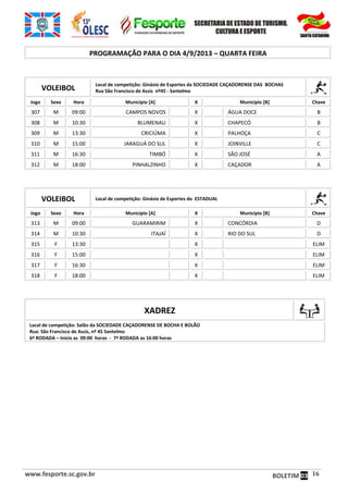 www.fesporte.sc.gov.br BOLETIM 03 16
PROGRAMAÇÃO PARA O DIA 4/9/2013 – QUARTA FEIRA
VOLEIBOL
Local de competição: Ginásio de Esportes da SOCIEDADE CAÇADORENSE DAS BOCHAS
Rua São Francisco de Assis nº45 - Santelmo
Jogo Sexo Hora Município [A] X Município [B] Chave
307 M 09:00 CAMPOS NOVOS X ÁGUA DOCE B
308 M 10:30 BLUMENAU X CHAPECÓ B
309 M 13:30 CRICIÚMA X PALHOÇA C
310 M 15:00 JARAGUÁ DO SUL X JOINVILLE C
311 M 16:30 TIMBÓ X SÃO JOSÉ A
312 M 18:00 PINHALZINHO X CAÇADOR A
VOLEIBOL Local de competição: Ginásio de Esportes do ESTADUAL
Jogo Sexo Hora Município [A] X Município [B] Chave
313 M 09:00 GUARAMIRIM X CONCÓRDIA D
314 M 10:30 ITAJAÍ X RIO DO SUL D
315 F 13:30 X ELIM
316 F 15:00 X ELIM
317 F 16:30 X ELIM
318 F 18:00 X ELIM
XADREZ
Local de competição: Salão da SOCIEDADE CAÇADORENSE DE BOCHA E BOLÃO
Rua: São Francisco de Assis, nº 45 Santelmo
6ª RODADA – Inicio as 09:00 horas - 7ª RODADA as 16:00 horas
 