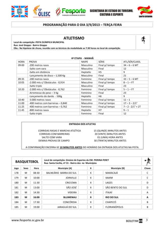 www.fesporte.sc.gov.br BOLETIM 03 3
PROGRAMAÇÃO PARA O DIA 3/9/2013 – TERÇA FEIRA
ATLETISMO
Local de competição: PISTA OLÍMPICA MUNICIPAL
Rua: José Gioppo - Bairro Gioppo
Obs.: Na hipotese de chuva, reunião com os técnicos da modalidade as 7:30 horas no local de competição.
4ª ETAPA - MANHÃ
HORA PROVA NAIPE SÉRIE ATL/SÉR/CLASS.
09:00 -200 metros rasos Masculino Final p/ tempo 34 – 6 – 6 MT
-Salto com vara Masculino Final 12
-Salto em distância Heptatlo H5 9
-Lançamento de disco – 1,500 Kg Masculino Final 21
09:35 -200 metros rasos Feminino Final p/ tempo 33 – 5 – 6 MT
10:05 -2.000 mts c/ Obstáculos -0,914 Masculino Final p/ tempo 8 – 1 – FT
-Salto triplo Masculino Final 23
10:20 -2.000 mts c/ Obstáculos -0,762 Feminino Final p/ tempo 5 – 1 – FT
-Arremesso do peso – 3 Kg Feminino Final 23
-Lançamento do dardo - 500g Heptatlo H6 9
10:40 -3.000 metros rasos Feminino Final p/ tempo 11 – 1
11:00 -400 metros com barreiras – 0,840 Masculino Final p/ tempo 17 – 3 – 2/1°
11:25 -400 metros com barreiras – 0,762 Feminino Final p/ tempo 7 – 2 - 2/1° + 2T
11:45 -800 metros rasos Heptatlo H7 9 – 1
-Salto triplo Feminino Final 12
ENTRADA DOS ATLETAS
CORRIDAS RASAS E MARCHA ATLÉTICA 15 (QUINZE) MINUTOS ANTES
CORRIDAS COM BARREIRAS 20 (VINTE) MINUTOS ANTES
SALTO COM VARA 01 (UMA) HORA ANTES
DEMAIS PROVAS DE CAMPO 30 (TRINTA) MINUTOS ANTES
A CONFIRMAÇÃO ENCERRA-SE 10 MINUTOS ANTES DO HORÁRIO DA ENTRADA DOS ATLETAS NA PISTA.
BASQUETEBOL
Local de competição: Ginásio de Esportes da EM. PIERINA PERET
Rua: Santa Cecília, nº 31 - Bairro dos no Municípios
Jogo Sexo Hora Município [A] X Município [B] Chave
178 M 08:30 BALNEÁRIO BARRA DO SUL X MARACAJÁ C
179 M 10:00 JOINVILLE X XAXIM C
180 M 11:30 CRICIÚMA X LAGES D
181 M 13:00 SÃO JOSÉ X SÃO BENTO DO SUL D
182 M 14:30 VIDEIRA X ITAJAÍ A
183 M 16:00 BLUMENAU X RIO DO SUL A
184 M 17:30 CONCÓRDIA X CHAPECÓ B
185 M 19:00 JARAGUÁ DO SUL X FLORIANÓPOLIS B
 