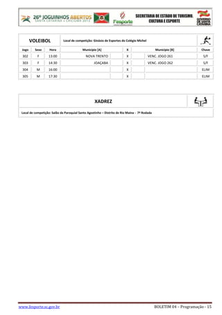 www.fesporte.sc.gov.br BOLETIM 04 – Programação - 15
VOLEIBOL Local de competição: Ginásio de Esportes do Colégio Michel
Jogo Sexo Hora Município [A] X Município [B] Chave
302 F 13:00 NOVA TRENTO X VENC. JOGO 261 S/F
303 F 14:30 JOAÇABA X VENC. JOGO 262 S/F
304 M 16:00 X ELIM
305 M 17:30 X ELIM
XADREZ
Local de competição: Salão da Paroquial Santo Agostinho – Distrito de Rio Maina - 7ª Rodada
 