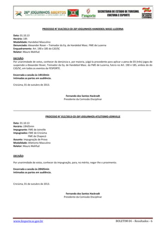 www.fesporte.sc.gov.br BOLETIM 04 – Resultados - 6
PROCESSO N° 014/2013-CD-26º JOGUINHOS-HANDEBOL MASC-LUZERNA
Data: 01.10...