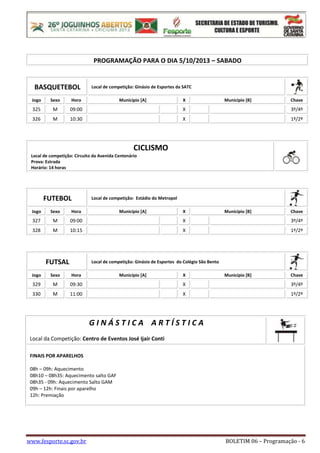 www.fesporte.sc.gov.br BOLETIM 06 – Programação - 6
PROGRAMAÇÃO PARA O DIA 5/10/2013 – SABADO
BASQUETEBOL Local de competição: Ginásio de Esportes da SATC
Jogo Sexo Hora Município [A] X Município [B] Chave
325 M 09:00 X 3º/4º
326 M 10:30 X 1º/2º
CICLISMO
Local de competição: Circuito da Avenida Centenário
Prova: Estrada
Horário: 14 horas
FUTEBOL Local de competição: Estádio do Metropol
Jogo Sexo Hora Município [A] X Município [B] Chave
327 M 09:00 X 3º/4º
328 M 10:15 X 1º/2º
FUTSAL Local de competição: Ginásio de Esportes do Colégio São Bento
Jogo Sexo Hora Município [A] X Município [B] Chave
329 M 09:30 X 3º/4º
330 M 11:00 X 1º/2º
G I N Á S T I C A A R T Í S T I C A
Local da Competição: Centro de Eventos José Ijair Conti
FINAIS POR APARELHOS
08h – 09h: Aquecimento
08h10 – 08h35: Aquecimento salto GAF
08h35 - 09h: Aquecimento Salto GAM
09h – 12h: Finais por aparelho
12h: Premiação
 