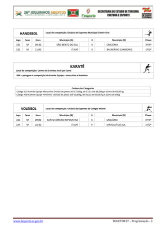 www.fesporte.sc.gov.br BOLETIM 07 – Programação - 3
HANDEBOL Local de competição: Ginásio de Esportes Municipal Valmir Orsi
Jogo Sexo Hora Município [A] X Município [B] Chave
331 M 09:30 SÃO BENTO DO SUL X CRICIÚMA 3º/4º
332 M 11:00 ITAJAÍ X BALNEÁRIO CAMBORIÚ 1º/2º
KARATÊ
Local de competição: Centro de Eventos José Ijair Conti
08h – pesagem e competição de kumite Equipe – masculino e feminino
Ordem das Categorias
Código 310 Kumite Equipe Masculino Divisão de pesos até 57,00kg, de 57,01 até 68,00kg e acima de 68,00 kg
Código 408 Kumite Equipe Feminino divisão de pesos até 50,00kg, de 50,01 até 60,00 kg e acima de 60kg
VOLEIBOL Local de competição: Ginásio de Esportes do Colégio Michel
Jogo Sexo Hora Município [A] X Município [B] Chave
333 M 09:00 SANTO AMARO IMPERATRIZ X CRICIÚMA 3º/4º
334 M 10:30 ITAJAÍ X JARAGUÁ DO SUL 1º/2º
 