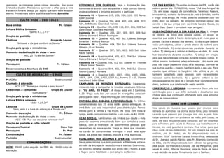 realmente se interesse pelas coisas elevadas, das quais
Cristo é o doador. Precisamos aprender a olhar para a vida
e a sentir fome e desejo por aquilo que tem valor e sabor
eterno. Pense mais sobre qual é a sua fome. Extraído
CULTO 9h00 – EBD 10h15
Boas vindas Pr. Édison
Leitura Bíblica Uníssona
”Salmo 8.1,3,4-5“
Oração de gratidão
Cânticos Grupo de Louvor
”Amizade e Os que confiam no Senhor“
Oração pela igreja e ministérios
Momento de dedicação de vidas e bens
HCC 25 ”Tu és fiel Senhor“
Oração de gratidão
Mensagem Pr. Édison
Encerramento e Abertura da EBD
CULTO DE ADORAÇÃO – 19h00
Prelúdio Instrumental
Chamada à adoração
HCC 177 “Nome que inspira o meu louvor”
Celebrando a comunhão Grupo de Louvor
“Com alegria”
Oração pela igreja e ministérios
Leitura Bíblica uníssona
“João 4.23-24”
Cânticos Grupo de Louvor
“Vem, esta é a hora da adoração e Sonda-me”
Momento de oração Pr. Édison
Momento de dedicação de vidas e bens
HCC 478 “Tua voz escuto a convocar-me”
Oração de gratidão e culto infantil
Mensagem Musical Doce Voz
Mensagem Pr. Max
Comunicações Pr. Édison
Poslúdio Instrumental
COMUNICAÇÕES
HOJE: 09h00 culto seguido da EBD. As 19h00 culto de
adoração.
KOINONIAS POR QUADRAS: Veja a formatação das
koinonias de acordo com as quadras e veja com os lideres
onde acontecerá o próximo encontro e participe:
Koinonia 01 – Quadras 105, 106, 108, 110, 205 Norte.
Líder Juvenal
Koinonia 02 – Quadras 304, 404, 405, 406, 408, 503,
504, 508 Norte. Líder José Renato
Koinonia 03 – Quadras 106, 108, 110, 204, 206, 308 Sul.
Líder Édson Soares e Mauricéa
Koinonia 04 – Quadras 205, 207, 305, 307, 309 Sul.
Líderes Viviane / Allison Rodrigues
Koinonia 05 – Quadras 403, 405 Sul. Líderes Solange
Pimentel / Willians Alencar
Koinonia 06 – Quadras 404, 504 Sul. Líderes Jussara
Oliveira / Luiz Nonato
Koinonia 07 – Quadras 507, 509, 603, 605 Sul. Líder
Paulo Santos
Koinonia 08 – Quadras 604, 606, 612, 704 Sul. Líderes
Márcio Câmara / Rafael Freitas
Koinonia 09 – Quadras 706, 712 Sul. Líderes Pr. Thomás
/ Maria Isabel Teixeira
Koinonia 10 – Quadras 804, 806, 904, 906 Sul. Líderes
Osmar Lopes / Marilene
Koinonia 11 – Quadras 1001, 1003, 1004, 1005, 1006,
1007, 1204, 1206, 1407, 1503 Sul, Aureny II e III. Líderes
Juscelino / João César
CAMPANHA DE MISSÕES ESTADUAIS: Estaremos
iniciando hoje a campanha de missões estaduais. O tema
é: “EU AMO, EU FAÇO”. A divisa está em I Coríntios
9.23: “Faço tudo isso por causa do evangelho, para ser
participante dele”. Mais informações em nossos cultos.
ENTREGA DAS BÍBLIAS E FOTOGRAFIAS: As bíblias
comemorativas dos 25 anos estão sendo entregues. A
irmã Bete que está responsável pela distribuição. Temos
bíblias para a venda a R$ 45,00. As fotos com toda a
igreja, estão com o irmão Getúlio a um custo de R$ 10,00.
AÇÃO SOCIAL: Lembramos aos irmãos que desde o mês
passado estamos arrecadando itens que compõe a cesta
básica, com a finalidade de socorrermos pessoas que
necessitam de nossa ajuda. Traga os itens que constam
no cartão de compromisso entregue a você pela ação
social. Se ainda não recebeu procure a irmã Aparecida.
FIDELIDADE NOS DÍZIMOS E OFERTAS: Louvamos a
Deus pelos irmãos que tem praticado a fidelidade a Deus
através da entrega de seus dízimos e ofertas. Queremos,
no entanto, desafiar aqueles que ainda não o fazem, a que
o façam como fidelidade e com alegria ao Senhor.
CHÁ DAS AMIGAS: "Queridas mulheres da PIB, vocês não
podem perder dia 25/06/2016, nosso 'Chá das Amigas' às
17h, em nosso espaço de convivência. Teremos: Palavra,
brincadeiras, sorteios de limpeza de pele e brindes, venha
e traga uma amiga. As irmãs poderão colaborar com um
prato doce ou salgado. No próximo domingo pegue seu
convite e de sua amiga com as irmãs Sandra Souza, ou
Isabel Dias. Orem e convidem suas amigas”.
ORIENTAÇÕES PARA O DIA A DIA DA PIB: 1) chegue
no horário de início dos nossos cultos. 2) ocupe os
assentos que estão à frente do templo, e do meio para as
pontas. Facilite o acesso dos demais. 3) não ocupe cadeira
vazia com objetos, utilize a grade abaixo da cadeira para
esta finalidade. 4) evite conversas paralelas durante os
cultos. 5) desligue o celular e desligue-se dele. 6) evite
ficar transitando durante os cultos. 7) esteja em oração
para que Deus fale aos corações durante nossos cultos. 8)
utilize nossos banheiros adequadamente: não sente nas
pias, não jogue papeis no chão, dê a descarga. Lembre-se
que outros usarão o mesmo banheiro após o seu uso. Para
aqueles que utilizam o berçário: não utilize a pia do
banheiro adaptado para pessoas com necessidades
especiais como banheira. 9) a galeria voltará a ser
utilizada apenas no caso de o templo ficar completamente
cheio, pedimos sua colaboração neste sentido.
CONSTRUÇÃO E REFORMA: Louvamos a Deus pela sua
contribuição para o que já foi realizado e desafiamos aos
irmãos para que continuem ofertando para esta próxima
etapa de nossas obras.
ORAI SEM CESSAR
Pela saúde da Jussara que passou por cirurgia para
retirada do apêndice na última sexta-feira; pelo Reinaldo
Lacerda que passará por cirurgia nos rins e pelo João
Felipe que está com um problema na visão; pelo Lucas, da
Bete, ele está estudando para concurso; por um emprego
para o Thieter; pela saúde da Poliana, que trabalha com a
Denise, ela está gravida e contraiu Zika vírus, para que
Deus cuide de seu bebezinho; Por um milagre na vida do
Antônio, pai do Pedro, ele foi diagnosticado com a
síndrome “ELA” Esclerose Lateral Amiotrófica; pela saúde
do Sr. Liberato, pai do Márcio; pelo Pr. Altamiro, conhecido
da Elba, ele foi diagnosticado com câncer na garganta;
pela saúde do Francisco Chaves, pai da Margarida; pela
saúde do Artur, filho da Marciane; pela da Maria de Jesus
e sua decisão de andar firmemente com o Senhor;
 