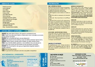 MARÇO - ANIVERSÁRIO DA IP ZONA SUL                                             ABERTURA DA II LEGISTALURA DO PCPB
  Prelúdio Instrumental                                                                                        No mês de aniversario da IP Zona Sul teremos uma programação a                 Diante do exposto cabe-nos cumprir deliberação da Comissão
  Convite à Adoração                                                                                           típica. Será um mês onde todas as sociedades e ministério, farão               Executiva do Presbitério Central da Paraíba – CE-PCPB, e CONVOCAR
  Leitura Bíblica                                                                                              um trabalho diferenciado que terá a seguinte ordem.                            o PCPB para reunir-se ordinariamente no período de 22 a 25 de
  Oração e Contrição                                                                                           Dia 02/03 Dia de oração das SAF’s uma tarde de oração.                         Fevereiro de 2012 (quarta a sábado), no templo da IGREJA
                                                                                                               Dia 03/03 Evangelismo no centro da cidade com as mulheres da                   PRESBITERIANA RENASCER, Situada a Av. Marechal Floriano Peixoto,
  Crianças no Altar                                                                                                                                                                           3.000 Bairro de Santa Rosa, Campina Grande – PB, com Ato de
                                                                                                               igreja.
  Leitura Bíblica Alternada                                                                                    Dia 08/03 Chá da mulher em comemoração ao dia Internacional                    Verificação de Poderes às 20h do dia 15. Por este motivo não haverá
  Cânticos Espirituais                                                                                         da Mulher.                                                                     a reunião de oração do dia 22/02, pois estaremos todos na abertura
  Consagração dos Dízimos e Ofertas                                                                            Dia 17/03 à tarde - Visita a Casa do Idoso em L. Seca (UPH Junta               do nosso Presbitério, do qual a IP Zona Sul faz parte.
  Cântico Preparatório para Mensagem                                                                           Diáconal)
                                                                                                               Dia 24/03 Zona Sul Social- será das 13 ás 18 h. acontecerá aqui em             PRÓXIMO SOPÃO.
  Oração pela Mensagem                                                                                                                                                                        Comunicamos aos amados irmãos que o sopão será na próxima sexta-
                                                                                                               frente à igreja, com a participação de todos os profissionais, onde
  Mensagem Bíblica                                                                                             serão realizados atendimentos e orientações com : Odontológico,
                                                                                                                                                                                              feira, dia 24/02, a partir da 15h, aqui na igreja, com um culto e após a
  OraçãoFinal/Benção Apostólica                                                                                                                                                               distribuição da sopa. Se você deseja ser um parceiro deste projeto,
                                                                                                               Médico, Fisioterapeuta, Advogado, Cabeleireiro, Assistente Social,             procure o irmão Wagner Yalli, após o culto.
  Conhecendo os Visitantes                                                                                     Nutricionista etc. e se encerará com um culto, e distribuição de
  Avisos - Comunhão (Cântico de Júbilo).                                                                       sopa e pão. Se você deseja contribuir com a profissão que Deus lhe             REUNIÃO DA UPH
                                                                                                               deu, procure o Presb. Geraldo Junior, coordenador do evento, ou                O Presidente da UPH, Josenildo de Lima, convida todos os homens da
                                                                                                               ligue (8690-3126).                                                             igreja para participarem de mais uma reunião com: louvor, palavra,
                                                     (Gl 5:16 – 24)                                                                                                                           testemunho e comunhão. Será na próxima quinta-feira, dia 23/02, às
                                                                                                               CULTO AO SENHOR - SEJA MUITO BEM-VINDO À IP ZONA SUL.                          19h30, na residência do Diácono Manoel Dias, no Cond. Nações Residence
DIRIGENTE: Digo, porém: Andai em Espírito, e não cumprireis a concupiscência da carne.                         Entre para adorar, louvar, orar, se alimentar da Palavra de Deus e ter         Privê, Quadra N, Lote 7, Lagoa Seca.
IGREJA : Porque a carne cobiça contra o Espírito, e o Espírito contra a carne; e estes opõem-se um ao outro,   comunhão com seu Irmão. Aproveite esse momento precioso ao
                                                                                                               máximo, e permita que o seu próximo também tenha o mesmo direito.              REUNIÃO DO GRUPO FAMILIAR
para que não façais o que quereis.                                                                             Coloque seu celular em modo s i l e n c i o s o, e v i t e c o n v e r s a s   Dia 24/02, às 20h: Grupo Familiar I, na residência dos irmãos Marcelino
DIRIGENTE: Mas, se sois guiados pelo Espírito, não estais debaixo da lei.                                      d e s n e c e s s á r i a s, conecte seu coração nos louvores, nas orações     e Vânia. Rua Arnaldo de Albuquerque, n. 629. Ponto de referência: em
IGREJA: Porque as obras da carne são manifestas, as quais são: adultério, prostituição, impureza, lascívia,    e na mensagem, e seja muito abençoado!                                         frente à Festolândia; Grupo Familiar II, na residência do Diácono
                                                                                                                                                                                              Josenildo e sua esposa Débora. Rua Paraná, n. 140, Monte Castelo.
DIRIGENTE: Idolatria, feitiçaria, inimizades, porfias, emulações, iras, pelejas, dissensões, heresias,                                                                                        Responsáveis pelos grupos: Presb. Geraldo Junior e Ricardo Aragão.
IGREJA: Invejas, homicídios, bebedices, glutonarias, e coisas semelhantes a estas, acerca das quais vos        CONFISSÃO DE FÉ DE WESTMINSTER
declaro, como já antes vos disse, que os que cometem tais coisas não herdarão o reino de Deus.                 Do arrependimento para a vida - Os homens não devem se
                                                                                                                                                                                              AOS INTERNAUTAS Quem está de cara nova é o site da IP Zona Sul,
                                                                                                                                                                                              confira: Boletim dominical, estudos & mensagens, vídeos, bíblia
DIRIGENTE: Mas o fruto do Espírito é: amor, gozo, paz, longanimidade, benignidade, bondade, fé,                contentar com um arrependimento geral, mas é dever de                          online, fotos, projetos evangelísticos, nossa história, noticias dos
mansidão, temperança.                                                                                          todos procurar arrepender-se particularmente de cada um                        departamentos da igreja etc. Faça uma visita www.ipzonasul.com
IGREJA: Contra estas coisas não há lei.                                                                        dos seus pecados.
TODOS: E os que são de Cristo crucificaram a carne com as suas paixões e concupiscências

                                                                                                                                                                                                        ANIVERSARIANTES DA SEMANA
                                                                                                                     CINCO MOTIVOS DE ORAÇÃO                                                    “Todos os dias te bendirei, e louvarei o teu nome para
                                                                                                                     ► Projeto Sopão.
                                                                                                                                                                                                             todo o sempre”. Sl. 145:2
                                                                                                                     ► Dona Lourdes, mãe de Cristiane,                                             20/02 Samuel de França Barbosa 3337-3664
                                                                                                                     hospitalizada no HU.
                                                                                                                     ► Lafite, se recuperando em casa de uma                                       25/02 Samuel Lima e Silva 3341-2058
                                                                                                                     cirurgia.
                                                                                                                     ► Os trabalhos da VINACC.
                                                                                                                     ► Viajem de Giovanna para São Paulo
 