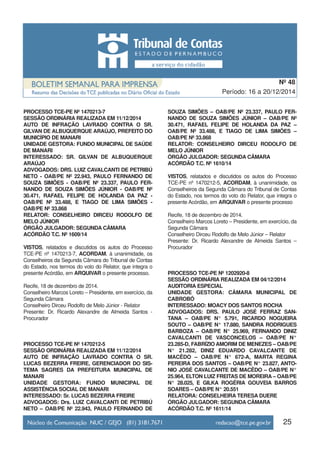 25
Período: 16 a 20/12/2014
Nº 48
PROCESSO TCE-PE Nº 1470213-7
SESSÃO ORDINÁRIA REALIZADA EM 11/12/2014
AUTO DE INFRAÇÃO LAVRADO CONTRA O SR.
GILVAN DE ALBUQUERQUE ARAÚJO, PREFEITO DO
MUNICÍPIO DE MANARI
UNIDADE GESTORA: FUNDO MUNICIPAL DE SAÚDE
DE MANARI
INTERESSADO: SR. GILVAN DE ALBUQUERQUE
ARAÚJO
ADVOGADOS: DRS. LUIZ CAVALCANTI DE PETRIBÚ
NETO - OAB/PE Nº 22.943, PAULO FERNANDO DE
SOUZA SIMÕES - OAB/PE Nº 23.337, PAULO FER-
NANDO DE SOUZA SIMÕES JÚNIOR - OAB/PE Nº
30.471, RAFAEL FELIPE DE HOLANDA DA PAZ -
OAB/PE Nº 33.488, E TIAGO DE LIMA SIMÕES -
OAB/PE Nº 33.868
RELATOR: CONSELHEIRO DIRCEU RODOLFO DE
MELO JÚNIOR
ÓRGÃO JULGADOR: SEGUNDA CÂMARA
ACÓRDÃO T.C. Nº 1609/14
VISTOS, relatados e discutidos os autos do Processo
TCE-PE nº 1470213-7, ACORDAM, à unanimidade, os
Conselheiros da Segunda Câmara do Tribunal de Contas
do Estado, nos termos do voto do Relator, que integra o
presente Acórdão, em ARQUIVAR o presente processo.
Recife, 18 de dezembro de 2014.
Conselheiro Marcos Loreto – Presidente, em exercício, da
Segunda Câmara
Conselheiro Dirceu Rodolfo de Melo Júnior - Relator
Presente: Dr. Ricardo Alexandre de Almeida Santos -
Procurador
PROCESSO TCE-PE Nº 1470212-5
SESSÃO ORDINÁRIA REALIZADA EM 11/12/2014
AUTO DE INFRAÇÃO LAVRADO CONTRA O SR.
LUCAS BEZERRA FREIRE, GERENCIADOR DO SIS-
TEMA SAGRES DA PREFEITURA MUNICIPAL DE
MANARI
UNIDADE GESTORA: FUNDO MUNICIPAL DE
ASSISTÊNCIA SOCIAL DE MANARI
INTERESSADO: Sr. LUCAS BEZERRA FREIRE
ADVOGADOS: Drs. LUIZ CAVALCANTI DE PETRIBÚ
NETO – OAB/PE Nº 22.943, PAULO FERNANDO DE
SOUZA SIMÕES – OAB/PE Nº 23.337, PAULO FER-
NANDO DE SOUZA SIMÕES JÚNIOR – OAB/PE Nº
30.471, RAFAEL FELIPE DE HOLANDA DA PAZ –
OAB/PE Nº 33.488, E TIAGO DE LIMA SIMÕES –
OAB/PE Nº 33.868
RELATOR: CONSELHEIRO DIRCEU RODOLFO DE
MELO JÚNIOR
ÓRGÃO JULGADOR: SEGUNDA CÂMARA
ACÓRDÃO T.C. Nº 1610/14
VISTOS, relatados e discutidos os autos do Processo
TCE-PE nº 1470212-5, ACORDAM, à unanimidade, os
Conselheiros da Segunda Câmara do Tribunal de Contas
do Estado, nos termos do voto do Relator, que integra o
presente Acórdão, em ARQUIVAR o presente processo
Recife, 18 de dezembro de 2014.
Conselheiro Marcos Loreto – Presidente, em exercício, da
Segunda Câmara
Conselheiro Dirceu Rodolfo de Melo Júnior – Relator
Presente: Dr. Ricardo Alexandre de Almeida Santos –
Procurador
PROCESSO TCE-PE Nº 1202920-8
SESSÃO ORDINÁRIA REALIZADA EM 04/12/2014
AUDITORIA ESPECIAL
UNIDADE GESTORA: CÂMARA MUNICIPAL DE
CABROBÓ
INTERESSADO: MOACY DOS SANTOS ROCHA
ADVOGADOS: DRS. PAULO JOSÉ FERRAZ SAN-
TANA – OAB/PE N° 5.791, RICARDO NOGUEIRA
SOUTO – OAB/PE N° 17.880, SANDRA RODRIGUES
BARBOZA – OAB/PE N° 25.969, FERNANDO DINIZ
CAVALCANTI DE VASCONCELOS – OAB/PE N°
23.285-D, FABRÍZIO AMORIM DE MENEZES – OAB/PE
N° 21.282, DINIZ EDUARDO CAVALCANTE DE
MACÊDO – OAB/PE N° 672-A, MARTA REGINA
PEREIRA DOS SANTOS – OAB/PE N° 23.827, ANTO-
NIO JOSÉ CAVALCANTE DE MACÊDO – OAB/PE N°
25.964, ELTON LUIZ FREITAS DE MOREIRA – OAB/PE
N° 28.025, E GILKA ROGÉRIA GOUVEIA BARROS
SOARES – OAB/PE N° 20.551
RELATORA: CONSELHEIRA TERESA DUERE
ÓRGÃO JULGADOR: SEGUNDA CÂMARA
ACÓRDÃO T.C. Nº 1611/14
 