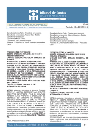 Conselheiro Carlos Porto – Presidente em exercício
Conselheiro, em exercício, Ricardo Rios – Relator
Conselheira Teresa Duere
Conselheiro Marcos Loreto
Conselheiro João Carneiro Campos
Presente: Dr. Cristiano da Paixão Pimentel – Procurador-
Geral
PROCESSO TCE-PE Nº 1300570-4
SESSÃO ORDINÁRIA REALIZADA EM 03/12/2014
RECURSO ORDINÁRIO
UNIDADE GESTORA: PREFEITURA MUNICIPAL DE
BODOCÓ
INTERESSADO: Sr. BRIVALDO PEREIRA ALVES
ADVOGADOS: Drs. PAULO JOSÉ FERRAZ SANTANA
– OAB/PE Nº 5.791, RICARDO NOGUEIRA SOUTO –
OAB/PE Nº 17.880, SANDRA RODRIGUES BARBOZA
– OAB/PE Nº 25.969, DINIZ EDUARDO CAVALCANTE
DE MACÊDO – OAB/PE Nº 672-A, FERNANDO DINIZ
CAVALCANTI DE VASCONCELOS – OAB/PE Nº
23.285-D, MARTA REGINA PEREIRA DOS SANTOS –
OAB/PE Nº 23.827, ANTÔNIO JOSÉ CAVALCANTE DE
MACÊDO – OAB/PE Nº 25.964-D
RELATOR: CONSELHEIRO, EM EXERCÍCIO, ADRI-
ANO CISNEIROS
ÓRGÃO JULGADOR: TRIBUNAL PLENO
ACÓRDÃO T.C. Nº 1591/14
VISTOS, relatados e discutidos os autos do Processo
TCE-PE nº 1300570-4, REFERENTE AO RECURSO
ORDINÁRIO INTERPOSTO PELO Sr. BRIVALDO
PEREIRA ALVES PREFEITO E ORDENADOR DE
DESPESAS DO MUNICÍPO DE BODOCÓ NO
EXERCÍCIO FINANCEIRO DE 2009, AO PARECER
PRÉVIO EMITIDO POR ESTE TRIBUNAL SOBRE AS
SUAS CONTAS E AO ACÓRDÃO TC Nº 1973/12 –
(PROCESSO TCE-PE Nº 1080082-7), ACORDAM, à
unanimidade, os Conselheiros do Tribunal de Contas do
Estado, nos termos do voto do Relator, que integra o pre-
sente Acórdão, arrimados no Parecer MPCO nº 364/2013,
que acolhem como razões de opinar, em CONHECER do
presente recurso e, no mérito, NEGAR-LHE PROVIMEN-
TO.
Recife, 17 de dezembro de 2014.
Conselheiro Carlos Porto - Presidente em exercício
Conselheiro, em exercício, Adriano Cisneiros – Relator
Conselheira Teresa Duere
Conselheiro Marcos Loreto
Conselheiro João Carneiro Campos
Presente: Dr. Cristiano da Paixão Pimentel – Procurador -
Geral
PROCESSO TCE-PE Nº 1402057-9
SESSÃO ORDINÁRIA REALIZADA EM 29/10/2014
RECURSO ORDINÁRIO
UNIDADE GESTORA: CÂMARA MUNICIPAL DE
CUMARU
INTERESSADO: Sr. JOSÉ GENILSON MONTEIRO
ADVOGADOS: Drs. LUÍS ALBERTO GALLINDO MAR-
TINS-OAB/PE Nº 20.189, MURILO OLIVEIRA DE
ARAÚJO PEREIRA-OAB/PE Nº 18.526, RAPHAEL
PARENTE OLIVEIRA-OAB/PE Nº 26.433, CARLOS
HENRIQUE QUEIROZ COSTA-OAB/PE Nº 24.842; DR.
CARLOS EUGÊNIO GALVÃO MORAIS-OAB/PE Nº
27.508, FILIPE FERNANDES CAMPOS – OAB/PE Nº
31.509, RODRIGO RIBAS VALENÇA – OAB/PE Nº
26.533, MARIANA DE LUCENA FERREIRA – OAB/PE
Nº 30773, GABRIELA MARIA PINHO LINS – OAB/PE Nº
26.224, CARLOS EDUARDO JAR E SILVA– OAB/PE Nº
23.899, E ANNA KAROLINA PINTO THAUMATURGO -
OAB/PE Nº 15.233
RELATOR: CONSELHEIRO EM EXERCÍCIO ADRIANO
CISNEIROS
ÓRGÃO JULGADOR: TRIBUNAL PLENO
ACÓRDÃO T.C. Nº 1592/14
VISTOS, relatados e discutidos os autos do Processo
TCE-PE nº 1402057-9, REFERENTE AO RECURSO
ORDINÁRIO INTERPOSTO PELO Sr. JOSÉ GENIL-
SON MONTEIRO, PRESIDENTE DA CÂMARA
MUNICIPAL DE CUMARU NO EXERCÍCIO FINAN-
CEIRO DE 2010, AO ACÓRDÃO T.C. Nº 0224/14
(PROCESSO TCE-PE Nº 1160077-9), ACORDAM, à
unanimidade, os Conselheiros do Tribunal de Contas
do Estado, nos termos do voto do Relator, que integra
o presente Acórdão,
CONSIDERANDO que foram atendidos os pressupostos
legais e regimentais para admissibilidade do presente
recurso ordinário;
51
Período: 16 a 20/12/2014
Nº 48
 