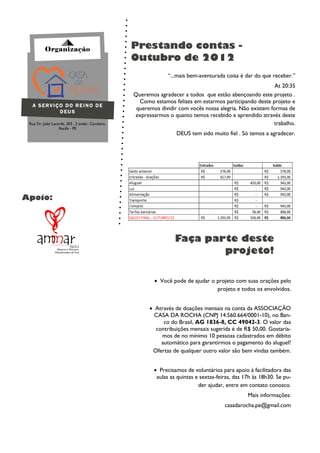 Organização                             Prestando contas -
                                                  Outubro de 2012
                                                                “...mais bem-aventurada coisa é dar do que receber.”
                                                                                                           At 20:35
                                                  Queremos agradecer a todos que estão abençoando este projeto .
                                                    Como estamos felizes em estarmos participando deste projeto e
  A SERVIÇO DO REINO DE
                                                   queremos dividir com vocês nossa alegria. Não existem formas de
          DEUS
                                                  expressarmos o quanto temos recebido e aprendido através deste
 Rua Dr. João Lacerda, 203 , 2 andar, Cordeiro,                                                           trabalho.
                  Recife - PE
                                                                   DEUS tem sido muito fiel . Só temos a agradecer.




Apoio:




                                                                   Faça parte deste
                                                                           projeto!

                                                           Você pode de ajudar o projeto com suas orações pelo
                                                                                  projeto e todos os envolvidos.


                                                         Através de doações mensais na conta da ASSOCIAÇÃO
                                                          CASA DA ROCHA (CNPJ 14.560.664/0001-10), no Ban-
                                                             co do Brasil, AG 1836-8, CC 49042-3. O valor das
                                                          contribuições mensais sugerida é de R$ 50,00. Gostaría-
                                                            mos de no mínimo 10 pessoas cadastrados em débito
                                                            automático para garantirmos o pagamento do aluguel!
                                                         Ofertas de qualquer outro valor são bem vindas também.


                                                           Precisamos de voluntários para apoio à facilitadora das
                                                           aulas as quintas e sextas-feiras, das 17h às 18h30. Se pu-
                                                                             der ajudar, entre em contato conosco.
                                                                                                  Mais informações:
                                                                                        casadarocha.pe@gmail.com
 