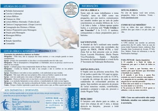 ■ Prelúdio Instrumental                                                                          ESCOLA BÍBLICA                                  SITE DA IGREJA
■ Convite à Adoração                                                                             Neste mês de maio trabalhamos o tema            No site da Igreja você tem avisos,
                                                                                                 “Família” tanto na EBD como nas                 pregações, fotos e boletins. Visite –
■ Leitura Bíblica-
                                                                                                 pregações, por este motivo, comunicamos         www.ipzonasul.com
■ Crianças no Altar
                                                                                                 aos amados irmãos que no mês de junho
■ Leitura Bíblica Alternada- (Todos de pé).
                                                                                                 concluiremos os estudos bíblicos de: 1,2 e
■ Cânticos Congregacionais. (Grupo Louvor)                                                       3 de João e Judas e faltam apenas quatro        COMO SE FAZ MISSÕES?
■ Consagração dos Dízimos e Ofertas                                                              lições, e a próxima será “Todo Cristão é        Com as mãos dos que ofertam, os
■ Cântico Preparatório para Mensagem                                                             um Vencedor” I Jo 5.1-21. E também,             joelhos dos que oram e os pés dos que
■ Oração pela Mensagem                                                                           começaremos a classe preparatória para o        vão.
■ Mensagem Bíblica                                                                               batismo.
■ Avisos
■ Benção Apostólica                                                                                                                              NOTICIAS DA UPH
                                                                                                 SAF EM PATOS                                    A UPH realizar sua reunião na próxima
■ Comunhão
                                                                                                 A Sinodal de Saf’s realizará uma reunião        quinta-feira dia 03/ junho. Será na casa do
                                                                                                 inspirativa com irmãs das sociedades das        nosso irmão Nazareno Junior, endereço: Rua
                                                                                                 igrejas do PBOE, PBOR PCPB, e SAF               Senador João Cavalcanti de Arruda, Nº 844,
                                               (Provérbios 3. 1-12)                                                                              Pres. Médici. Ponto de referencia, a rua da
                                                                                                 Zona Sul se fará presente com as irmãs:
                                                                                                                                                 Panificadora Santiago.
Exortações da sabedoria a obedecer ao Senhor                                                     Geyse Lacerda Presidente, Sheila Duarte
Dirigentes - Filho meu, não te esqueças dos meus ensinos, e o teu coração guarde os meus         Vice-Presidente,       Sandra       Ramalho
mandamentos;
                                                                                                 Secretaria de Espiritualidade e a irmã Keila    PARA PENSAR - Santo Agostinho
Igreja - porque eles aumentarão os teus dias e te acrescentarão anos de vida e paz.
Dirigentes - Não te desamparem a benignidade e a fidelidade; ata-as ao pescoço; escreve-as na    2ª Secretaria da Federação Borborema.           ● O orgulho é a fonte de todas as
tábua do teu coração.                                                                                                                            fraquezas, por que é a fonte de todos os
Igreja - e acharás graça e boa compreensão diante de Deus e dos homens.                                                                          vícios.
Dirigentes - Confia no Senhor de todo o teu coração e não te estribes no teu próprio             SOPÃO ZONA SUL                                  ● Não é tanto o que fazemos, mas o
entendimento.                                                                                                                                    motivo pelo qual fazemos que determina
Igreja - Reconhece-o em todos os teus caminhos, e ele endireitará as tuas veredas.
                                                                                                 O Sopão será na próxima sexta-feira. Dia        a bondade ou a malícia.
Dirigentes - Não sejas sábio aos teus próprios olhos; teme ao Senhor e aparta-te do mal;         01 de junho a partir das 14 h aqui na igreja.   ● O mundo é um livro, e quem fica
Igreja - será isto saúde para o teu corpo e refrigério, para os teus ossos.                      Com sempre, teremos um culto ás 15.30 h,        sentado em casa lê somente uma página.
Dirigentes - Honra ao Senhor com os teus bens e com as primícias de toda a tua renda;            e seguida da entrega da sopa as pessoas         ● A angústia de ter perdido, não supera a
Igreja - e se encherão fartamente os teus celeiros, e transbordarão de vinho os teus lagares.    cadastradas da comunidade próxima da            alegria de ter um dia possuído
Dirigentes - Filho meu, não rejeites a disciplina do Senhor, nem te enfades da sua repreensão.                                                   ● Deus não será maior se o respeitas, mas
Todos - Porque o Senhor repreende a quem ama, assim como o pai, ao filho a quem quer bem
                                                                                                 igreja. Seja também um parceiro de projeto
                                                                                                 de varias maneiras: orando, contribuindo,       tu serás maior se o servires.
                                                                                                                                                 ● Na procura de DEUS é ELE quem se
                                                                                                 ajudando a preparar a sopa etc. procure o       adianta e vem ao nosso encontro.
                                                                                                 irmão Wagner Yally.

                                                                                                                                                 OBS: Caso seu aniversário não esteja
                                                                                                 BERÇÁRIO
                                                                                                                                                 felicitado, atualize seu cadastro junto
                                                                                                 O berçário está aberto para as mães, se
                                                                                                 você tem criança de até 3 anos, e deseja        à secretaria.
                                                                                                 deixa-la no berçário, procure a irmã
                                                                                                 Cleidismar.
 