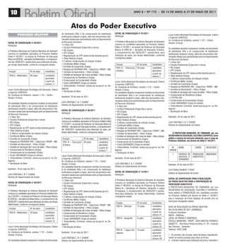 10                                                                                                                                                  ANO 8 • Nº 175 - De 14 De mAiO A 27 De mAiO De 2011




                                                                           Atos do Poder Executivo
                                                                de identidade (RG) e do comprovante de habilitação             EDItaL DE ConVoCação nº 07/2011
           PROCESSO SELETIVO                                                                                                   Atribuição
                                                                                                                                                                                              Local: Centro Municipal Tecnológico de Educação, Cultura
                                                                profissional (original e cópia), além dos documentos rela-                                                                    e Esportes (CMTECE).
                                                                cionados abaixo para apresentação junto ao Departamento                                                                       Av. Condessa de Vimieiros, número 1.131 – Centro.
                                                                de Recursos Humanos:                                           A Prefeitura Municipal da Estância Balneária de Itanhaém
EDItaL DE ConVoCação nº 03/2011                                                                                                                                                               Horário: 9 horas.
                                                                • 2 fotos 3x4                                                  convoca os candidatos aprovados no Processo Seletivo
Atribuição
                                                                • Carteira Profissional (Cópia foto e verso)                   Edital nº 01/2011, na função de Professor de Educação
                                                                                                                                                                                              Os candidatos deverão comparecer munidos do documento
                                                                • RG (Cópia)                                                   Básica III (PEB III) – disciplina de Educação Artística,
A Prefeitura Municipal da Estância Balneária de Itanhaém                                                                                                                                      de identidade (RG) e do comprovante de habilitação
                                                                • CPF (Cópia)                                                  a comparecerem dia 26/05/2011 (quinta-feira) para
convoca os candidatos aprovados no Processo Seletivo                                                                                                                                          profissional (original e cópia), além dos documentos rela-
                                                                • Regularização do CPF (www.receita.fazenda.gov.br)            atribuição de aulas, por tempo determinado, conforme
Edital nº 02/2011, na função de Professor de Educação                                                                                                                                         cionados abaixo para apresentação junto ao Departamento
                                                                • Título Eleitoral (Cópia)                                     cronograma abaixo:
Básica III (PEB III) – disciplina de Matemática, a comparece-                                                                                                                                 de Recursos Humanos:
rem dia 19/05/2011 (quinta-feira) para atribuição de aulas,     • 2 últimos comprovantes de votação (Cópia)                                                                                   • 2 fotos 3x4
por tempo determinado, conforme cronograma abaixo:              • Certificado Militar (Cópia)                                   Função             Nº de aulas              Candidatos        • Carteira Profissional (Cópia foto e verso)
                                                                • Certidão de Casamento (Cópia)                                                                                               • RG (Cópia)
                                                                                                                                PEB III – Educação 50 aulas                 candidatos
                                                                • Pesquisa do PIS/PASEP (PIS – Caixa Econ./ PASEP – BB)                                                                       • CPF (Cópia)
 Função                    Nº de aulas       Candidatos                                                                         Artística                                   aprovados
                                                                • Certidão de Nascimento – Filhos (Cópia)                                                                                     • Regularização do CPF (www.receita.fazenda.gov.br)
                                                                                                                                                                            a partir do
 PEB III – Matemática      65 aulas          candidatos         • Certidão de Vacinação até 5 anos de idade – Filhos (Cópia)                                                                  • Título Eleitoral (Cópia)
                                                                • Comprovante de Residência (Cópia)                                                                         número 1
                                             aprovados                                                                                                                                        • 2 últimos comprovantes de votação (Cópia)
                                             a partir do        • Comprovante de Escolaridade (Cópia)                                                                                         • Certificado Militar (Cópia)
                                                                                                                               Local: Centro Municipal Tecnológico de Educação, Cultura
                                             número 11          • Conta SANTANDER (Cópia do extrato)                                                                                          • Certidão de Casamento (Cópia)
                                                                                                                               e Esportes (CMTECE).
                                                                • Antecedentes Criminais (www.ssp.sp.gov.br ou De-                                                                            • Pesquisa do PIS/PASEP (PIS – Caixa Econ./ PASEP – BB)
                                                                                                                               Av. Condessa de Vimieiros, número 1.131 – Centro.
                                                                legacia)                                                                                                                      • Certidão de Nascimento – Filhos (Cópia)
Local: Centro Municipal Tecnológico de Educação, Cultura                                                                       Horário: 9 horas.
                                                                • Declaração de Bens                                                                                                          • Certidão de Vacinação até 5 anos de idade – Filhos (Cópia)
e Esportes (CMTECE).                                                                                                           Os candidatos deverão comparecer munidos do documento
Av. Condessa de Vimieiros, número 1.131 – Centro.                                                                              de identidade (RG) e do comprovante de habilitação             • Comprovante de Residência (Cópia)
                                                                Itanhaém, 23 de maio de 2011.                                                                                                 • 2 FOTOS 3X4
Horário: 9 horas.                                                                                                              profissional (original e cópia), além dos documentos rela-
                                                                                                                               cionados abaixo para apresentação junto ao Departamento        • Comprovante de Escolaridade (Cópia)
                                                                LUCI CRISTINA Z. B. F. CHARIF                                                                                                 • Conta SANTANDER (Cópia do extrato)
Os candidatos deverão comparecer munidos do documento                                                                          de Recursos Humanos:
                                                                Diretora do Departamento de Ensino                                                                                            • Antecedentes Criminais (www.ssp.sp.gov.br ou De-
de identidade (RG) e do comprovante de habilitação                                                                             • 2 fotos 3x4
profissional (original e cópia), além dos documentos rela-                                                                     • Carteira Profissional (Cópia foto e verso)                   legacia)
                                                                EDItaL DE ConVoCação nº 06/2011                                                                                               • Declaração de Bens
cionados abaixo para apresentação junto ao Departamento                                                                        • RG (Cópia)
                                                                Atribuição
de Recursos Humanos:                                                                                                           • CPF (Cópia)
• 2 fotos 3x4                                                                                                                  • Regularização do CPF (www.receita.fazenda.gov.br)            Itanhaém, 23 de maio de 2011.
                                                                A Prefeitura Municipal da Estância Balneária de Itanhaém
• Carteira Profissional (Cópia foto e verso)                                                                                   • Título Eleitoral (Cópia)
                                                                convoca os candidatos aprovados no Processo Seletivo Edital                                                                   LUCI CRISTINA Z. B. F. CHARIF
• RG (Cópia)                                                                                                                   • 2 últimos comprovantes de votação (Cópia)
                                                                nº 01/2011, na função de Professor de Educação Básica III                                                                     Diretora do Departamento de Ensino
• CPF (Cópia)                                                                                                                  • Certificado Militar (Cópia)
                                                                (PEB III) – disciplina de Educação Artística, a comparecerem
• Regularização do CPF (www.receita.fazenda.gov.br)                                                                            • Certidão de Casamento (Cópia)
                                                                dia 19/05/2011 (quinta-feira) para atribuição de aulas, por
• Título Eleitoral (Cópia)                                                                                                     • Pesquisa do PIS/PASEP (PIS – Caixa Econ./ PASEP – BB)
                                                                tempo determinado, conforme cronograma abaixo:                                                                                     a PrEFEItura MunICIPaL DE ItanhaÉM, por sua
• 2 últimos comprovantes de votação (Cópia)                                                                                    • Certidão de Nascimento – Filhos (Cópia)
• Certificado Militar (Cópia)                                                                                                  • Certidão de Vacinação até 5 anos de idade – Filhos (Cópia)   SECrEtarIa DE EDuCação, CuLtura E ESPortES, torna
• Certidão de Casamento (Cópia)                                  Função             Nº de aulas              Candidatos        • Comprovante de Residência (Cópia)                            público a relação da inscrição indeferida, para o cargo de
• Pesquisa do PIS/PASEP (PIS – Caixa Econ./ PASEP – BB)                                                                        • Comprovante de Escolaridade (Cópia)                          Professor Substituto, nos termos do Edital n.º 04/2011.
                                                                 PEB III – Educação 50 aulas                 candidatos
• Certidão de Nascimento – Filhos (Cópia)                        Artística                                   aprovados         • Conta SANTANDER (Cópia do extrato)
• Certidão de Vacinação até 5 anos de idade – Filhos (Cópia)                                                 a partir do       • Antecedentes Criminais (www.ssp.sp.gov.br ou De-                Nº       NOME                CARGO        RESULTADO
• Comprovante de Residência (Cópia)                                                                          número 1          legacia)                                                        ORDEM
• Comprovante de Escolaridade (Cópia)                                                                                          • Declaração de Bens
• Conta SANTANDER (Cópia do extrato)                                                                                                                                                              1       PATRÍCIA DE      PROFESSOR       INDEFERIDO
                                                                Local: Centro Municipal Tecnológico de Educação, Cultura                                                                                  ARRUDA S.        SUBSTITUTO
• Antecedentes Criminais (www.ssp.sp.gov.br ou De-              e Esportes (CMTECE).                                           Itanhaém, 23 de maio de 2011.                                              FERNANDEZ
legacia)                                                        Av. Condessa de Vimieiros, número 1.131 – Centro.
• Declaração de Bens                                            Horário: 9 horas.                                              LUCI CRISTINA Z. B. F. CHARIF                                  Itanhaém, 24 de maio de 2011.
                                                                Os candidatos deverão comparecer munidos do documen-           Diretora do Departamento de Ensino
Itanhaém, 16 de maio de 2011.                                   to de identidade (RG) e do comprovante de habilitação                                                                         Luci Cristina Zanella B. F. Charif
                                                                profissional (original e cópia), além dos documentos rela-     EDItaL DE ConVoCação nº 12/2011
                                                                                                                                                                                              Diretora do Departamento de Ensino
LUCI CRISTINA Z. B. F. CHARIF                                   cionados abaixo para apresentação junto ao Departamento        Atribuição
Diretora do Departamento de Ensino                              de Recursos Humanos:                                                                                                          EDItaL DE ConVoCação Para a rEaLIZação
                                                                • 2 fotos 3x4                                                  A Prefeitura Municipal da Estância Balneária de Itanhaém
EDItaL DE ConVoCação nº 04/2011                                                                                                                                                               Da ProVa oBJEtIVa Para a Contratação DE
                                                                • Carteira Profissional (Cópia foto e verso)                   convoca os candidatos aprovados no Processo Seletivo
Atribuição                                                                                                                                                                                    ProFESSor SuBStItuto
                                                                • RG (Cópia)                                                   Edital nº 06/2010, na função de Professor de Educação
                                                                                                                               Básica III – disciplinas de Ciências, Geografia e Língua       A PREFEITURA MUNICIPAL DE ITANHAÉM, por sua
                                                                • CPF (Cópia)
A Prefeitura Municipal da Estância Balneária de Itanhaém                                                                       Portuguesa, a comparecerem dia 26/05/2011 (quinta-             SECRETARIA DE EDUCAÇÃO, CULTURA E ESPORTES,
                                                                • Regularização do CPF (www.receita.fazenda.gov.br)
convoca os candidatos aprovados no Processo Seletivo Edi-                                                                      feira) para atribuição, por tempo determinado, conforme        torna pública a CONVOCAÇÃO dos candidatos inscritos
                                                                • Título Eleitoral (Cópia)
tal nº 02/2011, na função de Professor de Educação Básica                                                                      cronograma abaixo:                                             no Processo Seletivo nos termos do Edital n°. 04/2011
                                                                • 2 últimos comprovantes de votação (Cópia)
III (PEB III) – disciplina de Matemática, a comparecerem dia                                                                                                                                  para a realização de Prova Objetiva, de acordo com as
                                                                • Certificado Militar (Cópia)
26/05/2011 (quinta-feira) para atribuição de aulas, por tempo   • Certidão de Casamento (Cópia)                                                                                               instruções divulgadas abaixo:
                                                                                                                                Função                   Nº de aulas        Candidatos
determinado, conforme cronograma abaixo:                        • Pesquisa do PIS/PASEP (PIS – Caixa Econ./ PASEP – BB)
                                                                                                                                PEB III – Ciências       12 aulas           candidatos        DATA DE REALIZAÇÃO DA PROVA OBJETIVA:
 Função                    Nº de aulas       Candidatos         • Certidão de Nascimento – Filhos (Cópia)
                                                                                                                                                                            aprovados         DIA 29 DE MAIO DE 2011 (DOMINGO)
                                                                • Certidão de Vacinação até 5 anos de idade – Filhos (Cópia)
 PEB III – Matemática      29 aulas          candidatos                                                                                                                     a partir do       Professor Substituto
                                                                • Comprovante de Residência (Cópia)
                                             aprovados                                                                                                                      número 31         INÍCIO – 9h00min
                                                                • Comprovante de Escolaridade (Cópia)
                                             a partir do        • Conta SANTANDER (Cópia do extrato)                            PEB III – Geografia      6 aulas            candidatos        LOCAL DA PROVA E ENDEREÇO:
                                             número 15          • Antecedentes Criminais (www.ssp.sp.gov.br ou De-                                                          aprovados         ESCOLA MUNICIPAL “PROFª. LÍDIA MARTHA FERRIELO
                                                                legacia)                                                                                                    a partir do       GIANOTTI” - Rua Oscar Pereira da Silva, nº. 70 – Chácara
Local: Centro Municipal Tecnológico de Educação, Cultura        • Declaração de Bens                                                                                        número 22         das Tâmaras – Itanhaém
e Esportes (CMTECE).                                                                                                            PEB III – Língua Por-    14 aulas           candidatos        Telefone: 3422-2300
Av. Condessa de Vimieiros, número 1.131 – Centro.               Itanhaém, 16 de maio de 2011.                                   tuguesa                                     aprovados
Horário: 9 horas.                                                                                                                                                           a partir do       I - Os portões das Escolas serão fechados impreterivel-
                                                                LUCI CRISTINA Z. B. F. CHARIF                                                                               número 39         mente no horário previsto para início da Prova.
Os candidatos deverão comparecer munidos do documento           Diretora do Departamento de Ensino                                                                                            II – O tempo máximo para realização da prova, incluindo o
 