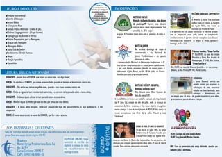 VOCÊ NÃO SABIA QUE CAMPINA TEM
■Prelúdio Instrumental                                                                                                                                                                                        ...
                                                                                                                                  NOTÍCIAS DA SAF.
■Convite à Adoração                                                                                                                                                                                           O Memorial à Bíblia. Está localizado
                                                                                                                                  Atenção mulheres da igreja, não deixem
■Leitura Bíblica                                                                                                                                                                                              na Rua Paulo de Frontin, às margens
                                                                                                                                  de participar!!! Haverá uma plenária
■ Crianças no Altar                                                                                                                                                                                           do Açude Velho, em frente ao
                                                                                                                                  com as sócias deste departamento. Será
■ Leitura Bíblica Alternada- (Todos de pé).                                                                                                                                                                   Instituto São Vicente de Paulo
                                                                                                                                  amanhã, ás 20 h aqui                            e se apresenta em três placas estruturais de concreto armado
■Cânticos Congregacionais - (Grupo Louvor)
                                                                                                             na igreja. A Presidente Geyse conta com a presença de todas as       que se trespassam umas pelas outras se completando
■ Consagração dos Dízimos e Ofertas                                                                          sócias.                                                              simultaneamente. E que tem o irmão evangelista Luiz Cláudio
■Cântico Preparatório para a Mensagem                                                                                                                                             exercendo o seu ministério lá sempre às terças, quintas e
■ Oração pela Mensagem                                                                                                                                                            domingo, de 9 às 12 h
■ Mensagem Bíblica                                                                                                                   NOTÍCIA JOVEM
■ Santa Ceia do Senhor                                                                                                               No terceiro domingo de maio é
                                                                                                                                                                                                             Próximas reuniões: “Grupo Familiar
■Recebimento: Clóves e Vanessa                                                                                                       comemorado o dia Nacional do
                                                                                                                                                                                                             I”. Dia 05/07, na casa dos irmãos
■ Avisos                                                                                                                             Jovem Presbiteriano, e no quarto                                        Marcelino e Vânia, Rua Arnaldo de
■ Benção Apostólica                                                                                                                  domingo de julho.                                                       Albuquerque, Nº 1180, Alto Branco;
■ Comunhão                                                                                                   é comemorado dia Nacional do Adolescente Presbiteriano. A IP                                    “Grupo Familiar II”.
                                                                                                             Zona Sul tem compromisso com os nossos jovens e adolescentes
                                                                                                             e, por este motivo, estaremos levando os nossos jovens e              Dia 03/07, na casa do Diácono Josenildo e de sua esposa,
                                                                                                             adolescentes a João Pessoa, no dia 09 de julho, no Ginásio            Débora, na Rua Paraná, Nº 140, Monte Castelo.
                                                                                                             Ronaldão para uma programação especial.
DIRIGENTE - Se não fora o SENHOR, que esteve ao nosso lado, ora diga Israel;                                                                                                                                    CIDADANIA
IGREJA - Se não fora o SENHOR, que esteve ao nosso lado, quando os homens se levantaram contra nós,                                                                                                             A Junta Diaconal solicita aos
                                                                                                                                     NOTÍCIAS DO DEP. INFANTIL.                                                 amados irmãos que respeitem as
DIRIGENTE - Eles então nos teriam engolido vivos, quando a sua ira se acendeu contra nós.                                                                                                                       solicitações de não estacionar
                                                                                                                                     Atenção, senhores pais!!!
                                                                                                                                                                                                                veículos na área destinada para
IGREJA - Então as águas teriam transbordado sobre nós, e a corrente teria passado sobre a nossa alma;                                Não deixem seus filhos ficarem de                                          embarque e desembarque, em
                                                                                                                                     fora da nossa EBF.                            ao templo, pois tal área é de grande importância para todos,
                                                                                                                                                                                                                frente
DIRIGENTE - Então as águas altivas teriam passado sobre a nossa alma;
                                                                                                          A Escola Bíblica de Férias é um trabalho realizado pelo Dep. Infantil    principalmente para os idosos e crianças.
IGREJA - Bendito seja o SENHOR, que não nos deu por presa aos seus dentes.                                da IP Zona Sul, sempre no mês de julho, onde as crianças se
DIRIGENTE - A nossa alma escapou, como um pássaro do laço dos passarinheiros; o laço quebrou-se, e nós    encontram de férias escolares, e têm como objetivo evangelizar
escapamos.                                                                                                outras crianças. A taxa de inscrição será de R$10,00 (dez reais) e o
                                                                                                          evento ocorrerá nos dias 05 e 06 de julho. Procure a irmã
TODOS -O nosso socorro está no nome do SENHOR, que fez o céu e a terra.                                   Cleidismar!


                                                                                                                                      BODAS DE ERVA. 29 ANOS DE CASADOS!!!
                                                                                                                                      Foi no dia 02 de julho 1983, na Igreja
                                                                                                                                      Presbiteriana de Campina Grande, que        05/07 Lucivane da Silva Teixeira Balbys
                                                                                                                                      o nosso Pastor Joab e sua esposa Keila      05/07 Lucy Gabrielli Martins Vitorino
                                                                                                         disseram sim diante de Deus e das testemunhas. Por este motivo, eles
                                                                                                         oferecem este culto em agradecimento a Deus pelos 29 anos de vida de
                                                                                                         casados. Deus continue abençoando esta união.                            OBS: Caso seu aniversário não esteja felicitado, atualize seu
                                                                                                                                                                                  cadastro junto à secretaria.
 