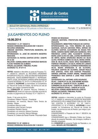 13
Período: 17 a 20/06/2014
Nº 22
18.06.2014
PROCESSO T. C. Nº 1303447-9
SESSÃO ORDINÁRIA REALIZADA EM 11/06/2014
RECURSO ORDINÁRIO
UNIDADE GESTORA: PREFEITURA MUNICIPAL DE
ARCOVERDE
INTERESSADO: Sr. JOSÉ DE ANCHIETA BESERRA
MASCENA
ADVOGADO: Dr. RAFAEL SANTOS CATÃO - OAB/PE
Nº 32.180
RELATOR: CONSELHEIRO EM EXERCÍCIO MARCOS
FLÁVIO TENÓRIO DE ALMEIDA
ÓRGÃO JULGADOR: TRIBUNAL PLENO
ACÓRDÃO T.C. Nº 677/14
VISTOS, relatados e discutidos os autos do Processo T.C.
nº 1303447-9, referente ao RECURSO ORDINÁRIO
INTERPOSTO PELO Sr. JOSÉ DEANCHIETABESERRA
MASCENA, SÓCIO-ADMINISTRADOR E REPRESEN-
TANTE LEGAL DA PESSOA JURÍDICA BPM SERVIÇOS
LTDAAOACÓRDÃO T.C. Nº 571/13 (PROCESSO T.C. Nº
1202848-4), ACORDAM, à unanimidade, os Conselheiros
do Tribunal de Contas do Estado, nos termos do voto do
Relator, que integra o presente Acórdão,
Em CONHECER do presente Recurso Ordinário e
ARQUIVÁ-LO, tendo em vista que oAcórdão recorrido foi
anulado no julgamento do Processo TC nº 1302741-4.
Recife, 17 de junho de 2014.
Conselheiro Valdecir Pascoal – Presidente
Conselheiro, em exercício, Marcos Flávio Tenório de
Almeida - Relator
Conselheiro Marcos Loreto
Conselheiro João Carneiro Campos
Conselheiro Ranilson Ramos
Conselheiro, em exercício, Adriano Cisneiros
Conselheiro, em exercício, Marcos Nóbrega
Presente:Dr.CristianodaPaixãoPimentel-Procurador-Geral
PROCESSO T.C. Nº 1400591-8
SESSÃO ORDINÁRIA REALIZADA EM 11/06/2014
PEDIDO DE RESCISÃO
UNIDADE GESTORA: PREFEITURA MUNICIPAL DO
PAULISTA
RESCINDENTE: MINISTÉRIO PÚBLICO DE CONTAS
INTERESSADOS: Srs. YVES RIBEIRO DE ALBU-
QUERQUE, DUFLES AZEVEDO PIRES, SÉRGIO DE
OLIVEIRA SANTOS, ALEXANDRE DE SOUZA FER-
REIRA, SANDRA MARIA SIMPLÍCIO BARBOSA, RITA
RIBONESA LOPES LIMA, ELISABETE SOARES,
MARIA JOSÉ ALVES DE LIMA, JUAREZ MARINHEIRO
DE BRITO, MARIA APARECIDA MOURA DA SILVA
ALVES, PATRÍCIA GOMES DA SILVA, MARIA APARE-
CIDA M. SILVA ALVES, ISAAC BRAZ NASCIMENTO,
FABRÍCIA VIRGÍNIA A. DA SILVA, MARIA DE LURDES
FIGUEROA, ROSÂNGELA CORREIA FERNANDES DA
SILVA, MARIA APARECIDA B. DE OLIVEIRA,
WALDECK SANTOS DE OLIVEIRA, CESLIN PAULO
DOS SANTOS, VERA DOS SANTOS FRAGOSO,
ANDRÉA CRISTINA XAVIER ANDRÉ, WANDELSON
FRANCISCO DOS SANTOS E JOSÉ PAES XAVIER
JÚNIOR.
ADVOGADOS: Drs. ANTONIO JOÃO DOURADO
FILHO – OAB/PE Nº 25.136, GUILHERME NOVAES
DE ANDRADA – OAB/PE Nº 26.241, OLÍMPIO
CARNEIRO DA SILVA FILHO – OAB/PE Nº 29.995, E
PAULO ARRUDA VERAS – OAB/PE Nº 25.378
RELATOR: CONSELHEIRO MARCOS LORETO
ÓRGÃO JULGADOR: TRIBUNAL PLENO
ACÓRDÃO T.C. Nº 678/14
VISTOS, relatados e discutidos os autos do Processo
T.C. nº 1400591-8, referente ao PEDIDO DE RESCISÃO
INTERPOSTO PELO MINISTÉRIO PÚBLICO DE CON-
TAS CONTRA O ACÓRDÃO T.C. Nº 1262/11,
(PROCESSO T.C. Nº 0710002-4), ACORDAM, à unan-
imidade, os Conselheiros do Tribunal de Contas do
Estado, nos termos do voto do Relator, que integra o pre-
sente Acórdão,
CONSIDERANDO a Proposta de Voto n° 005/2014, da
Auditoria Geral;
CONSIDERANDO que o Ministério Público de Contas,
através da presente Rescisão, não conseguiu modificar o
Acórdão vergastado,
Em CONHECER do presente Pedido de Rescisão e, no
mérito, NEGAR-LHE PROVIMENTO.
 