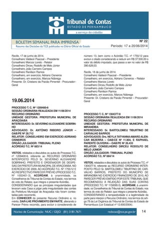 14
Período: 17 a 20/06/2014
Nº 22
Recife, 17 de junho de 2014.
Conselheiro Valdecir Pascoal – Presidente
Conselheiro Marcos Loreto - Relator
Conselheiro Dirceu Rodolfo de Melo Júnior
Conselheiro João Carneiro Campos
Conselheiro Ranilson Ramos
Conselheiro, em exercício, Adriano Cisneiros
Conselheiro, em exercício, Marcos Nóbrega
Presente: Dr. Cristiano da Paixão Pimentel - Procurador–
Geral
19.06.2014
PROCESSO T. C. Nº 1209400-6
SESSÃO ORDINÁRIA REALIZADA EM 11/06/2014
RECURSO ORDINÁRIO
UNIDADE GESTORA: PREFEITURA MUNICIPAL DE
ARAÇOIABA
INTERESSADO: Sr. SEVERINOALEXANDRE SOBRIN-
HO
ADVOGADO: Dr. ANTÔNIO RIBEIRO JÚNIOR –
OAB/PE Nº 28.712
RELATOR: CONSELHEIRO EM EXERCÍCIO ADRIANO
CISNEIROS
ÓRGÃO JULGADOR: TRIBUNAL PLENO
ACÓRDÃO T.C. Nº 683/14
VISTOS, relatados e discutidos os autos do Processo T.C.
nº 1209400-6, referente ao RECURSO ORDINÁRIO
INTERPOSTO PELO Sr. SEVERINO ALEXANDRE
SOBRINHO, PREFEITO E ORDENADOR DE DESPE-
SAS DAPREFEITURAMUNICIPAL DEARAÇOIABA, NO
EXERCÍCIO DE 2009, AO ACÓRDÃO T.C. Nº 1755/12 E
AO RESPECTIVO PARECER PRÉVIO (PROCESSO T.C.
Nº 1002401-3), ACORDAM, à unanimidade, os
Conselheiros do Tribunal de Contas do Estado, nos termos
do voto do Relator, que integra o presente Acórdão,
CONSIDERANDO que as principais irregularidades que
levaram esta Casa a julgar pela irregularidade das contas
da Prefeitura Municipal de Araçoiaba não foram contes-
tadas pelo recorrente,
Em CONHECER do presente Recurso Ordinário e, no
mérito, DAR-LHE PROVIMENTO EM PARTE, alterando o
Parecer Prévio recorrido, para excluir o considerando de
número 13, bem como o Acórdão T.C. nº 1755/12 para
excluir o citado considerando e reduzir em R$ 37.500,00 o
valor do débito imputado, que passa a ser no valor de R$
390.628,03.
Recife, 18 de junho de 2014.
Conselheiro Valdecir Pascoal – Presidente
Conselheiro, em exercício, Adriano Cisneiros – Relator
Conselheiro Marcos Loreto
Conselheiro Dirceu Rodolfo de Melo Júnior
Conselheiro João Carneiro Campos
Conselheiro Ranilson Ramos
Conselheiro, em exercício, Marcos Nóbrega
Presente: Dr. Cristiano da Paixão Pimentel – Procurador-
Geral
PROCESSO T. C. Nº 1304377-8
SESSÃO ORDINÁRIA REALIZADA EM 11/06/2014
RECURSO ORDINÁRIO
UNIDADE GESTORA: PREFEITURA MUNICIPAL DE
MIRANDIBA
INTERESSADO: Sr. BARTOLOMEU TIBURTINO DE
CARVALHO BARROS
ADVOGADOS: Drs. NEYLATATYANNAAMAROALEN-
CAR BEZERRA – OAB/CE Nº 11.904, E RAPHAEL
PARENTE OLIVEIRA – OAB/PE Nº 26.433
RELATOR: CONSELHEIRO DIRCEU RODOLFO DE
MELO JÚNIOR
ÓRGÃO JULGADOR: TRIBUNAL PLENO
ACÓRDÃO T.C. Nº 684/14
VISTOS, relatados e discutidos os autos do ProcessoT.C. nº
1304377-8, referente ao RECURSO ORDINÁRIO INTER-
POSTO PELO Sr. BARTOLOMEU TIBURTINO DE CAR-
VALHO BARROS, PREFEITO DO MUNICÍPIO DE
MIRANDIBA NO EXERCÍCIO FINANCEIRO DE 2010, AO
PARECER PRÉVIO EMITIDO POR ESTETRIBUNALQUE
RECOMENDOU A REJEIÇÃO DAS SUAS CONTAS
(PROCESSO T.C. Nº 1150095-5), ACORDAM, à unanimi-
dade, os Conselheiros doTribunal de Contas do Estado, nos
termos do voto do Relator, que integra o presente Acórdão,
CONSIDERANDO a tempestividade e a legitimidade da
parte para interpor o Recurso Ordinário, nos termos do arti-
go 78 da Lei Orgânica do Tribunal de Contas do Estado de
Pernambuco (Lei Estadual nº 12.600/2004);
 