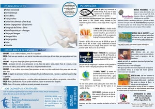 ■Prelúdio Instrumental                                                                                                                                 UM ANO DE UPH. Será comemorado no                                             NOTÍCIAS MISSIONÁRIAS. "O justo
                                                                                                                                                        próximo domingo, dia 23, aqui na igreja,                                      passa por muitas adversidades, mas o
 ■Convite à Adoração                                                                                                                                    o primeiro ano de existência da nossa                                         Senhor o livra de todas" (Sl 34.19).
 ■Leitura Bíblica                                                                                                                                       UPH. E, em forma de gratidão a                                                Louvamos a Deus por sua fidelidade e
 ■ Crianças no Altar                                                                                                           Deus, teremos uma programação especial, com a presença da Banda                                        cuidado para com seus filhos,
                                                                                                                               Nova Semente e o Rev. Salvador Pereira, Presidente do SPB,              honrando a lealdade e perseverança deles para a glória do seu nome!
 ■ Leitura Bíblica Alternada- (Todos de pé)                                                                                    ministrando a palavra de Deus ao nosso coração. Venha e traga um        Louvamos a Deus pela vida do Pr. Yousef Nadarkhani perseguido que
 ■Cânticos Congregacionais - (Grupo Louvor)                                                                                    amigo!                                                                  fora liberto da prisão neste fim de semana. Preso desde outubro de
 ■ Consagração dos Dízimos e Ofertas                                                                                                                                                                   2009, pôde voltar para casa com sua esposa e filhos no sábado.
                                                                                                                                                          I GINCANA BÍBLICA. A Sinodal Paraíba
 ■Cântico Preparatório para a Mensagem                                                                                                                    convida as irmãs da SAF Zona Sul para um
 ■ Oração pela Mensagem                                                                                                                                   encontro de mulheres, que acontecerá no                                NOTÍCIAS PARA O BOLETIM!!! Se você
                                                                                                                                                          próximo sábado, dia 22, no acampamento                                 desejar colocar um aviso no boletim Zona
 ■ Mensagem Bíblica                                                                                                                                       da Igreja Presbiteriana de João Pessoa.                                Sul, envie até às 17h, toda quarta-feira,
 ■ Benção Apostólica                                                                                                                                                                                                             para os e-mails pr.joab@hotmail.com
                                                                                                                               O horário é de 08 às 16h com uma taxa de R$20,00 por pessoa. O
 ■ Avisos
                                                                                                                               ônibus sairá às 06h, em frente à Igreja Presbiteriana de Campina        e pr.joab@oi.com.br, que teremos o prazer de divulgá-lo.
 ■ Comunhão                                                                                                                    Grande, no Bairro São José. Qualquer dúvida procure a irmã Geyse,
                                                                                                                               presidente da SAF. Haverá sorteio de um Netbook.
                                                           João 15. -1-9                                                                                                                                                       FRASES DE JOÃO CALVINO:
                                                                                                                                                                                                                               ●Não fechemos, pois, por nossa
DIRIGENTE - Eu sou a videira verdadeira, e meu Pai é o agricultor.                                                                                       PREGAI O EVANGELHO. Em comemoração
                                                                                                                                                                                                                               desumanidade, a porta da misericórdia de
                                                                                                                                                         ao aniversário da UPH, da IP Zona Sul, os
IGREJA - Todo ramo que, estando em mim, não der fruto, ele o corta; e todo o que dá fruto limpa, para que produza mais fruto                             homens deste departamento sairão às ruas
                                                                                                                                                                                                                               Deus, a qual se apresenta a nós tão
ainda.                                                                                                                                                                                                                         liberalmente.
                                                                                                                                                         no próximo sábado dia 22/09, às 15 h,
DIRIGENTE - Vós já estais limpos pela palavra que vos tenho falado;                                                                                                                                  ●Aquele que confia na providência divina deve fugir para Deus
IGREJA - permanecei em mim, e eu permanecerei em vós. Como não pode o ramo produzir fruto de si mesmo, se não                                                                                        com orações e forte clamor.
                                                                                                                                para uma tarde de evangelização. O presidente da UPH, Josenildo de
                                                                                                                                                                                                     ● Cristo é fim da lei e a suma do Evangelho.
permanecer na videira, assim, nem vós o podeis dar, se não permanecerdes em mim.                                                Lima, faz o convite a toda igreja para participar deste trabalho.
                                                                                                                                                                                                     ●Por que, de que valerá livrar-nos da impureza e da corrupção em
DIRIGENTE - Eu sou a videira, vós, os ramos. Quem permanece em mim, e eu, nele, esse dá muito fruto; porque sem mim nada                                                                             que estávamos imersos, se o tempo todo ficamos querendo
podeis fazer.                                                                                                                                             “A SEARA É GRANDE.” Já estamos nos revolver-nos de novo nessa lama?
IGREJA - Se alguém não permanecer em mim, será lançado fora, à semelhança do ramo, e secará; e o apanham, lançam no fogo                                  aproximando do final de mais um ano e,
                                                                                                                                                          como é do conhecimento de todos, a igreja                             DICA CULTURAL. Este livro concentra-se
e o queimam.
                                                                                                                                                          realiza até o mês de novembro a escolha de                            em duas áreas essenciais ao interesse da
DIRIGENTE - Se permanecerdes em mim, e as minhas palavras permanecerem em vós, pedireis o que quiserdes, e vos será feito.                                representantes                                                        interpretação bíblica atual: o significado
IGREJA - Nisto é glorificado meu Pai, em que deis muito fruto; e assim vos tornareis meus discípulos.                                                                                                                           dos pactos ou alianças de Deus e a
TODOS - Como o Pai me amou, também eu vos amei; permanecei no meu amor.                                                         Por este motivo, pedimos oração a Deus pelos futuros líderes dos                              relação entre dois testamentos.
                                                                                                                                diversos departamentos da IP Zona Sul. Você poderá ser um Mediante a correta compreensão das iniciativas de Deus em estabelecer
                                                                                                                                escolhido de Deus.                                               alianças na história, será lançado um sólido fundamento para a solução
                                                                                                                                                                                                 da complexa questão da relação entre os dois testamentos.
                                                                                                                                                      CULTO INFANTIL. Lembramos aos pais de
                                                                                                                                                      filhos maiores de 9 anos que eles deverão                                     ANIVERSARIANTES DA SEMANA
                                                                                                                                                      acompanhar o culto com os seus pais no                                      17/09- Aloísio Oliveira do Nascimento
                                                                                                                                                      templo.                                                                         17/09- Grace Carlos Ramalho
                                                                                                                                                                                                                                   18/09- José Augusto Brayner Neto
                                                                                                                               Incentivem seus filhos a terem comunhão em família na hora do                                    “Grandes coisas fez o SENHOR por nós, pelas
                                                                                                                               culto.                                                                                             quais estamos alegres” (Salmos 126:3)
 