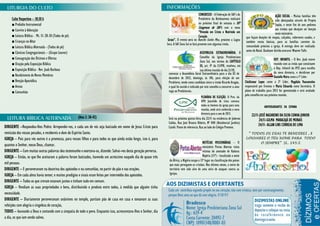 CONGRESSO - A Federação de SAF's do                                 AÇÃO SOCIAL - Muitas famílias têm
     Culto Vespertino – 18:30 h                                                                                                                    Presbitério da Borboarema realizará                                 sido abençoadas através do Projeto
     ■ Prelúdio Instrumental                                                                                                                       no próximo final de semana o 50º                                    Sopão, e neste fim de ano pedimos
                                                                                                                                                   Congresso de SAF's com o tema                                       aos irmãos que desejam ser benção
     ■ Convite à Adoração                                                                                                                          “Vivendo em Cristo e Nutrindo um                                    neste ministério,
     ■ Leitura Bíblica - Mt. 11: 28-30 (Todos de pé)                                                                                               Coração                                   que façam doações de roupas, calçados, cobertores usados, e
     ■ Crianças no Altar                                                                                              Grato”. O evento será no Rancho Sonho Meu, próximo a Lagoa
                                                                                                                                                                                             também cestas básicas, para as famílias carentes da
                                                                                                                     Seca. A SAF Zona Sul se fará presente com algumas irmãs.
     ■ Leitura Bíblica Alternada - (Todos de pé)                                                                                                                                             comunidade próxima a igreja. A entrega deve ser realizada
                                                                                                                                                                                             antes do Natal. Qualquer dúvida procurar Wagner Yally.
     ■ Cânticos Congregacionais – (Grupo Louvor)                                                                                                   ASSEMBLEIA EXTRAORDINÁRIA. O
     ■ Consagração dos Dízimos e Ofertas                                                                                                           Conselho da Igreja Presbiteriana
                                                                                                                                                                                                                      DEP. INFANTIL - O Rev. Joab esteve
                                                                                                                                                   Zona Sul, nos termos do CAPÍTULO
     ■ Oração pela Exposição Bíblica                                                                                                               III, art. 4º da CI/IPB, resolveu, em
                                                                                                                                                                                                                      reunido com as irmãs que constituem
     ■ Exposição Bíblica - Rev. Joab Barbosa                                                                                                                                                                          o Dep. Infantil da IPZS para escolha
                                                                                                                                                   sua última reunião do dia 21/10,
                                                                                                                      convocar a Assembleia Geral Extraordinária para o dia 02 de                                     da nova diretoria, e decidiram por
     ■ Recebimento de Novos Membros                                                                                                                                                                                   Danielle Meira como a 1ª Líder,
                                                                                                                      dezembro de 2012, domingo, às 10h, para eleição de um
     ■ Benção Apostólica                                                                                              Presbítero, tendo como candidato único o irmão Ricardo Aragão,        Cleidismar Lopes como a 2ª Líder, Magdala Vasconcelos
     ■ Avisos                                                                                                         o qual foi ouvido e indicado por este conselho a concorrer a uma      responsável por Eventos e Maria Eduarda como Secretária. O
     ■ Comunhão                                                                                                       vaga ao Presbiterato.                                                 plano de trabalho para 2013 foi apresentado e será avaliado
                                                                                                                                                                                            pelo conselho em sua próxima reunião.
                                                                                                                                                    PLENÁRIA DE ELEIÇÃO. O Pres. da
                                                                                                                                                    UPH Josenildo de Lima convoca
                                                                                                                                                    todos os homens da igreja para uma                       ANIVERSARIANTES DA SEMANA
                                                                                                                                                    reunião, onde será conhecida a nova
                                                                                                                                                    diretoria para o ano de 2013.                22/11-JOSÉ NAZARENO DA SILVA CUNHA JUNIOR
                                                       (Atos 2: 38-42)                                                Será na próxima quinta-feira dia 22/11 na residencia de Jubevan                  24/11-GILMA MARACAJÁ DE MORAIS
                                                                                                                      Caldas, Rua José Branco Ribeiro, Nº 840 (Residencial Jardins).
DIRIGENTE –Respondeu-lhes Pedro: Arrependei-vos, e cada um de vós seja batizado em nome de Jesus Cristo para                                                                                          24/11- ALLAN LINS CORREIA DE LIMA
                                                                                                                      Catolé. Ponto de referencia: Rua ao lado do Colégio Premem.
remissão dos vossos pecados, e recebereis o dom do Espírito Santo.                                                                                                                           “ TODOS OS DIAS TE BENDIREI , E
IGREJA – Pois para vós outros é a promessa, para vossos filhos e para todos os que ainda estão longe, isto é, para                                                                          LOUVAREI O TEU NOME PARA TODO
                                                                                                                                                      NOTÍCIAS MISSIONÁRIAS – O                   O SEMPRE” SL. 145:2
quantos o Senhor, nosso Deus, chamar.                                                                                                                 ministério Portas Abertas visita
DIRIGENTE – Com muitas outras palavras deu testemunho e exortava-os, dizendo: Salvai-vos desta geração perversa.                                      vítimas do atentado de Kaduna
IGREJA – Então, os que lhe aceitaram a palavra foram batizados, havendo um acréscimo naquele dia de quase três                                        Nigéria (13º) - Localizada a oeste
                                                                                                                                                      da África,
                                                                                                                       da África, a Nigéria ocupa o 13º lugar na classificação dos países
mil pessoas.                                                                                                           que mais perseguem os cristãos. Nos últimos meses, o norte do
DIRIGENTE – E perseveravam na doutrina dos apóstolos e na comunhão, no partir do pão e nas orações.                    território tem sido alvo de uma série de ataques contra as
IGREJA – Em cada alma havia temor; e muitos prodígios e sinais eram feitos por intermédio dos apóstolos.               Igrejas.

DIRIGENTE – Todos os que creram estavam juntos e tinham tudo em comum.
IGREJA – Vendiam as suas propriedades e bens, distribuindo o produto entre todos, à medida que alguém tinha
necessidade.
DIRIGENTE – Diariamente perseveravam unânimes no templo, partiam pão de casa em casa e tomavam as suas
refeições com alegria e singeleza de coração,
TODOS – louvando a Deus e contando com a simpatia de todo o povo. Enquanto isso, acrescentava-lhes o Senhor, dia
a dia, os que iam sendo salvos.
 