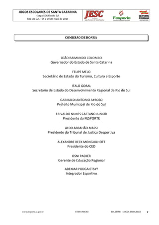 JOGOS ESCOLARES DE SANTA CATARINA
Etapa SDR Rio do Sul
RIO DO SUL - 05 a 09 de maio de 2014
www.fesporte.sc.gov.br ETAPA MICRO BOLETIM 1 - JOGOS ESCOLARES 2
JOÃO RAIMUNDO COLOMBO
Governador do Estado de Santa Catarina
FELIPE MELO
Secretário de Estado do Turismo, Cultura e Esporte
ITALO GORAL
Secretário de Estado do Desenvolvimento Regional de Rio do Sul
GARIBALDI ANTONIO AYROSO
Prefeito Municipal de Rio do Sul
ERIVALDO NUNES CAETANO JUNIOR
Presidente da FESPORTE
ALDO ABRAHÃO MASSI
Presidente do Tribunal de Justiça Desportiva
ALEXANDRE BECK MONGUILHOTT
Presidente do CED
OSNI PACKER
Gerente de Educação Regional
ADEMAR PODGAIETSKY
Integrador Esportivo
COMISSÃO DE HONRA
 