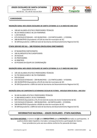 JOGOS ESCOLARES DE SANTA CATARINA
Etapa SDR Rio do Sul
RIO DO SUL - 05 a 09 de maio de 2014
www.fesporte.sc.gov.br ETAPA MICRO BOLETIM 1 - JOGOS ESCOLARES 6
INSCRIÇÃO GERAL NOS JOGOS ESCOLARES DE SANTA CATARINA 12 A 14 ANOS NO ANO 2014
 100.643 ALUNOS-ATLETAS E PROFESSORES-TÉCNICOS
 46.533 MASCULINOS E 46.124 FEMININOS
 1.234 ESCOLAS
 675 ESCOLAS ESTADUAIS – 425 MUNICIPAIS – 133 PARTICULARES – 1 FEDERAL
 288 MUNICÍPIOS [Equivalente a 97,6% do total de municípios de SC]
 36 SDR [Equivalente a 100% do total de Secretarias de Desenvolvimento Regional de SC]
ETAPA SDR RIO DO SUL – 580 PESSOAS ENVOLVIDAS DIRETAMENTE
 07 MUNICÍPIOS PARTICIPANTES
 160 ALUNOS/ATLETAS CLASSIFICADOS
 26 ESCOLAS
 45 PROFESSORES
 42 ÁRBITROS
 03 PESSOAS DA EQUIPE DE COORDENAÇÃO
INSCRIÇÃO GERAL NOS JOGOS ESCOLARES DE SANTA CATARINA 15 A 17 ANOS NO ANO 2014
 109.326 ALUNOS-ATLETAS E PROFESSORES-TÉCNICOS
 52.793 MASCULINOS E 48.724 FEMININOS
 959 ESCOLAS
 610 ESCOLAS ESTADUAIS – 209 MUNICIPAIS – 131 PARTICULARES – 9 FEDERAL
 281 MUNICÍPIOS [Equivalente a 95,3% do total de municípios de SC]
 36 SDR [Equivalente a 100% do total de Secretarias de Desenvolvimento Regional de SC]
INSCRIÇÃO GERAL NO CAMPEONATO CATARINENSE ESCOLAR DE FUTEBOL - MOLEQUE BOM DE BOLA - ANO 2014
 58.349 ALUNOS-ATLETAS E PROFESSORES-TÉCNICOS
 31.860 MASCULINOS E 24.912 FEMININOS
 894 ESCOLAS [Equivalente a 45,1% do total de escolas de ensino fundamental de SC]
 519 ESCOLAS ESTADUAIS – 309 MUNICIPAIS – 66 PARTICULARES – 0 FEDERAL
 268 MUNICÍPIOS [Equivalente a 90,8% do total de municípios de SC]
 36 SDR [Equivalente a 100% do total de Secretarias de Desenvolvimento Regional de SC]
NA ETAPA NACIONAL o número do CPF será OBRIGATÓRIO para a INSCRIÇÃO de todos os participantes. A
ausência deste dado impedirá a inscrição e consequentemente a participação do mesmo.
Favor providenciar junto aos seus atletas conforme for passando de etapa.
INFORMATIVO NACIONAL – JOGOS ESCOLARES - ETAPA NACIONAL
CURIOSIDADE:
 