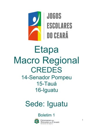 1
Etapa
Macro Regional
CREDES
14-Senador Pompeu
15-Tauá
16-Iguatu
Sede: Iguatu
Boletim 1
 