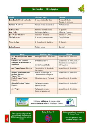 Novidades - Divulgação




            Durante o
                                    Existe na biblioteca da nossa escola
                                  um ponto de recolha de tinteiros e toners



                                                Design Gráfico: BE            Biblioteca da Escola Secundária
     Textos e composição da res-                                                     de Vendas Novas
     ponsabilidade da Equipa da
    Biblioteca e elementos referen-                                              bibl-esvn@hotmail.com
4                ciados                                                           bibl-esvn.blogspot.com
 
