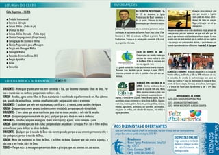 Culto Vespertino – 18:30 h                                                                                                              DIA DO PASTOR PRESBITERIANO - No                                           A oração em si mesma é uma
                                                                                                                                           dia 17 de dezembro, a Igreja                                               arte que somente o Espírito
                                                                                                                                           Presbiteriana do Brasil comemora o                                         Santo pode nos ensinar. Ele é o
   ■ Prelúdio Instrumental                                                                                                                 dia do pastor. Diferente das demais                                        doador de todas as orações.
   ■ Convite à Adoração                                                                                                                    denominações que celebram a data em                                        Rogue pela oração - ore até que
   ■ Leitura Bíblica - (Todos de pé)                                                                                                                                                                                  consiga orar,
   ■ Crianças no Altar                                                                                         Junho, a IPB comemora no mês de dezembro, juntamente com as            ore para ser ajudado a orar e não abandone a oração porque não
                                                                                                               festividades de nascimento do Supremo Pastor Jesus Cristo. 17 de       consegue orar, pois nos momentos em que você acha que não
   ■ Leitura Bíblica Alternada - (Todos de pé)
                                                                                                               Dezembro de 1865 foi ordenado no Brasil o primeiro Pastor              pode, é que realmente está fazendo as melhores orações. Às vezes
   ■ Cânticos Congregacionais (Grupo Louvor)
                                                                                                               Presbiteriano. Tratava-se de um ex-padre convertido à fé cristã        quando você não sente nenhum tipo de conforto em tuas súplicas
   ■ Consagração dos Dízimos e Ofertas                                                                         na perspectiva reformada.                                              e teu coração está quebrantado e abatido, é que realmente está
   ■ Cântico Preparatório para a Mensagem                                                                                                                                             lutando e prevalecendo com o Altíssimo. Frases de C. H. Spurgeon
   ■ Oração pela Mensagem Bíblica
   ■ Mensagem Bíblica                                                                                                                    CULTO DO ROMPER DE ANO -
   ■ Posse das Diretorias Eleitas 2013                                                                                                   Comunicamos aos amados irmãos que
                                                                                                                                         este ano não vamos realizar o culto
   ■ Benção Apostólica
                                                                                                                                         de Ano Novo. O dia de ano novo será
   ■ Avisos                                                                                                                              em uma segunda- feira
   ■ Comunhão                                                                                                  e a grande maioria dos irmãos possivelmente estarão viajando.
                                                                                                               Portanto, ficou decidido que no domingo à noite (30/12)
                                                                                                                                                                                      ACONTECEU E FOI BOM!!! No último sábado 08/12 na Granja de
                                                                                                               estaremos prestando um culto de gratidão a Deus pelo ano que
                                                                                                                                                                                      Netinho e Allana, no Alvinho, a SAF e a UPH realizaram um dia
                                                                                                               termina.
                                                                                                                                                                                      de comunhão. Foi um dia de confraternização com todos os
                                                     -(1 Jo 1.1- 11)                                                                                                                  irmãos que fazem a IP Zona Sul. Desfrutamos da benção de Deus
                                                                                                                                             A BÍBLIA É UMA COLETÂNEA DE 66           através do louvor, oração, churrasco, brincadeiras, homenagens
                                                                                                                                             LIVROS. Escritos no decurso de um        e a benção do Pastor Joab. Agradecemos a SAF e UPH pela
DIRIGENTE - Vede quão grande amor nos tem concedido o Pai, que fôssemos chamados filhos de Deus. Por                                         período de mais de 1500 anos. Numa       organização.
isso o mundo não nos conhece; porque não o conhece a ele.                                                                                    Bíblia impressa comum, o livro mais
                                                                                                                                             longo (Salmos) ocupa mais de cem                    ANIVERSARIANTES DA SEMANA
IGREJA - Amados, agora somos filhos de Deus, e ainda não é manifestado o que havemos de ser. Mas sabemos       páginas, e o mais breve (2 João), menos de uma página. Mais de
                                                                                                                                                                                      16/12-LÚIZA GURGEL DE ALMEIDA MAIA
que, quando ele se manifestar, seremos semelhantes a ele; porque assim como é o veremos.                       quarentena pessoas escreveram os vários livros da Bíblia. Algumas
                                                                                                                                                                                      22/12- JOSENILDO TEOTONIO SOARES
DIRIGENTE - E qualquer que nele tem esta esperança purifica-se a si mesmo, como também ele é puro.             eram ricas, e outras, pobres. Havia reis, poetas, profetas, músicos,
                                                                                                               filósofos, agricultores, professores, um sacerdote, um estadista,      22/12- VIVIAN NASCIMENTO ALMEIDA GOUVEIA
IGREJA - Qualquer que comete pecado, também comete iniqüidade; porque o pecado é iniqüidade.                   um pastor de ovelhas, um cobrador de impostos, um médico e
DIRIGENTE - E bem sabeis que ele se manifestou para tirar os nossos pecados; e nele não há pecado.             alguns pescadores.
IGREJA - Qualquer que permanece nele não peca; qualquer que peca não o viu nem o conheceu.
DIRIGENTE - Filhinhos, ninguém vos engane. Quem pratica justiça é justo, assim como ele é justo.
IGREJA - Quem comete o pecado é do diabo; porque o diabo peca desde o princípio. Para isto o Filho de Deus
se manifestou: para desfazer as obras do diabo.
DIRIGENTE - Qualquer que é nascido de Deus não comete pecado; porque a sua semente permanece nele; e
não pode pecar, porque é nascido de Deus.
IGREJA - Nisto são manifestos os filhos de Deus, e os filhos do diabo. Qualquer que não pratica a justiça, e
não ama a seu irmão, não é de Deus.
TODOS – Porque esta é a mensagem que ouvistes desde o princípio: que nos amemos uns aos outros.
 