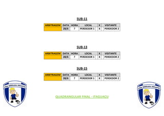SUB-11
ARBITRAGEM DATA HORA LOCAL X VISITANTE
28/6 ? PERDEDOR 1 X PERDEDOR 2
SUB-13
ARBITRAGEM DATA HORA LOCAL X VISITANTE
28/6 ? PERDEDOR 1 X PERDEDOR 2
SUB-15
ARBITRAGEM DATA HORA LOCAL X VISITANTE
28/6 ? PERDEDOR 1 X PERDEDOR 2
QUADRANGULAR FINAL - ITAGUAÇU
 
