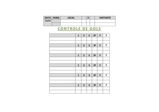 DATA HORA LOCAL X VISITANTE
12/10
CONTROLE DE GOLS
1 2 S 3º F T
1 2 S 3º F T
1 2 S 3º F T
1 2 S 3º F T
1 2 S 3º F T
1 2 S 3º F T
 