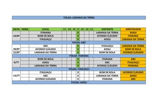 FOLGA: LARANJA DA TERRA
DATA HORA LOCAL 11 13 15 X 15 13 11 VISITANTE ARBITRAGEM
23/8?
ITARANA X LARANJA DA TERRA ADGU
BOM DE BOLA X AFONSO CLÁUDIO ITARANA
ITAGUAÇU X ADGU LARANJA DA TERRA
FOLGA: ABC
30/8?
ABC X ITAGUAÇU LARANJA DA TERRA
AFONSO CLÁUDIO X ADGU BOM DE BOLA
31/8? LARANJA DA TERRA X BOM DE BOLA AFONSO CLÁUDIO
FOLGA: ITARANA
6/7?
BOM DE BOLA X ITARANA ABC
ADGU X ABC ITAGUAÇU
LARANJA DA TERRA X AFONSO CLÁUDIO ITARANA
FOLGA: ITAGUAÇU
13/7?
ITAGUAÇU X BOM DE BOLA AFONSO CLÁUDIO
ABC X LARANJA DA TERRA ADGU
AFONSO CLÁUDIO X ITARANA ABC
FOLGA: ADGU
 