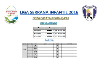 DATA CHAVE HORA LOCAL X VISITANTE
04/9
8 X
8:40 X
9:20 X
10 X
10:40 X
11:20 X
12 X
12:40 X
13:20 X
 