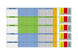 BOM DE BOLA 1 2 3 4 1 2 1 2 3 F I V I V SI SV FI FV S F T TA TV TP
(11) (11) (11)
(13) (13) (13)
(15) (15) (15)
COLATINA 1 2 3 4 1 2 1 2 3 F I V I V SI SV FI FV S F T TA TV TP
(11) (11) (11)
(13) (13) (13)
(15) (15) (15)
ITAGUAÇU 1 2 3 4 1 2 1 2 3 F I V I V SI SV FI FV S F T TA TV TP
(11) (11) (11)
(13) (13) (13)
(15) (15) (15)
ITARANA 1 2 3 4 1 2 1 2 3 F I V I V SI SV FI FV S F T TA TV TP
(11) (11) (11)
(13) (13) (13)
(15) (15) (15)
LARANJA DA TERRA 1 2 3 4 1 2 1 2 3 F I V I V SI SV FI FV S F T TA TV TP
(11) (11) (11)
(13) (13) (13)
(15) (15) (15)
 