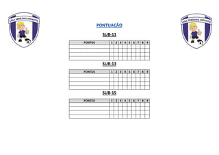 SUB-11
PONTOS 1 2 3 4 5 6 7 8 9
SUB-13
PONTOS 1 2 3 4 5 6 7 8 9
SUB-15
PONTOS 1 2 3 4 5 6 7 8 9
 