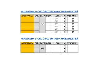 ARBITRAGEM CAT. DATA HORA LOCAL X VISITANTE
21/5
3º X 6º
3º X 6º
3º X 6º
4º X 5º
4º X 5º
4º X 5º
ARBITRAGEM CAT. DATA HORA LOCAL X VISITANTE
4/6
X
X
X
 