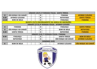 SÁBADO (20/5) 5ª RODADA FOLGA: SANTA TERESA
8 SÃO ROQUE DO CANAÃ X ITARANA AFONSO CLÁUDIO
8:30 AFONSO CLÁUDIO X BOTAFOGO SANTA TERESA
13:30 BOM DE BOLA X ITAGUAÇU ITARANA
QUINTA (25/5) ENCERRAMENTO DA JANELA DE INSCRIÇÕES
SÁBADO (27/5) 6ª RODADA FOLGA: AFONSO CLÁUDIO
8 ITARANA X ITAGUAÇU SANTA TERESA
8 SÃO ROQUE DO CANAÃ X BOM DE BOLA BOTAFOGO
8:30 SANTA TERESA X BOTAFOGO ITARANA
SÁBADO (3/6) 7ª RODADA FOLGA: ITARANA
8:30 ITAGUAÇU X SANTA TERESA BOM DE BOLA
BOTAFOGO X SÃO ROQUE DO CANAÃ AFONSO CLÁUDIO
DOMINGO (4/6)
8 BOM DE BOLA X AFONSO CLÁUDIO SÃO ROQUE DO CANAÃ
 