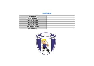 CAMPEÃO
VICE CAMPEÃO
3º COLOCADO
4º COLOCADO
5º COLOCADO
MELHOR GOLEIRO
ARTILHEIROS
 